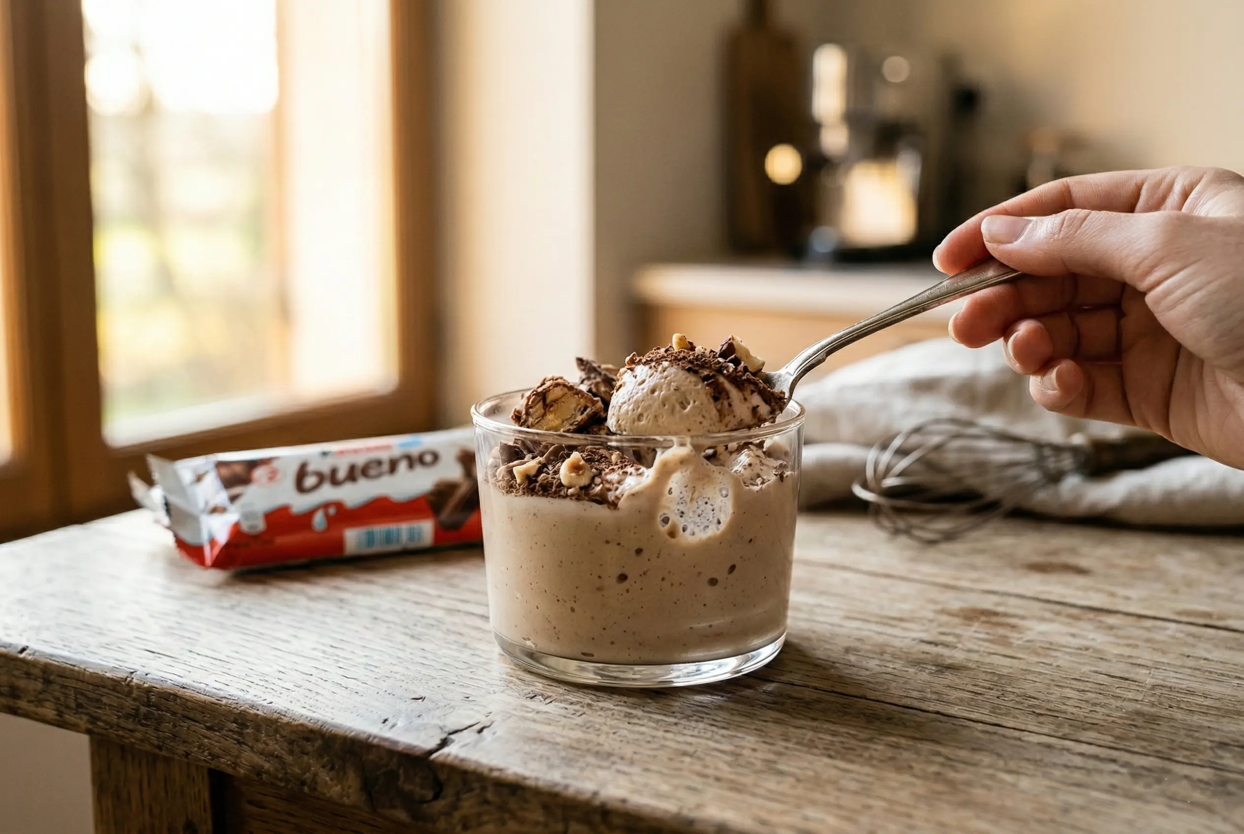Trois verrines transparentes remplies de mousse au Kinder Bueno onctueuse, décorées de morceaux croustillants et de copeaux de chocolat-noisette, servies sur une planche en bois.