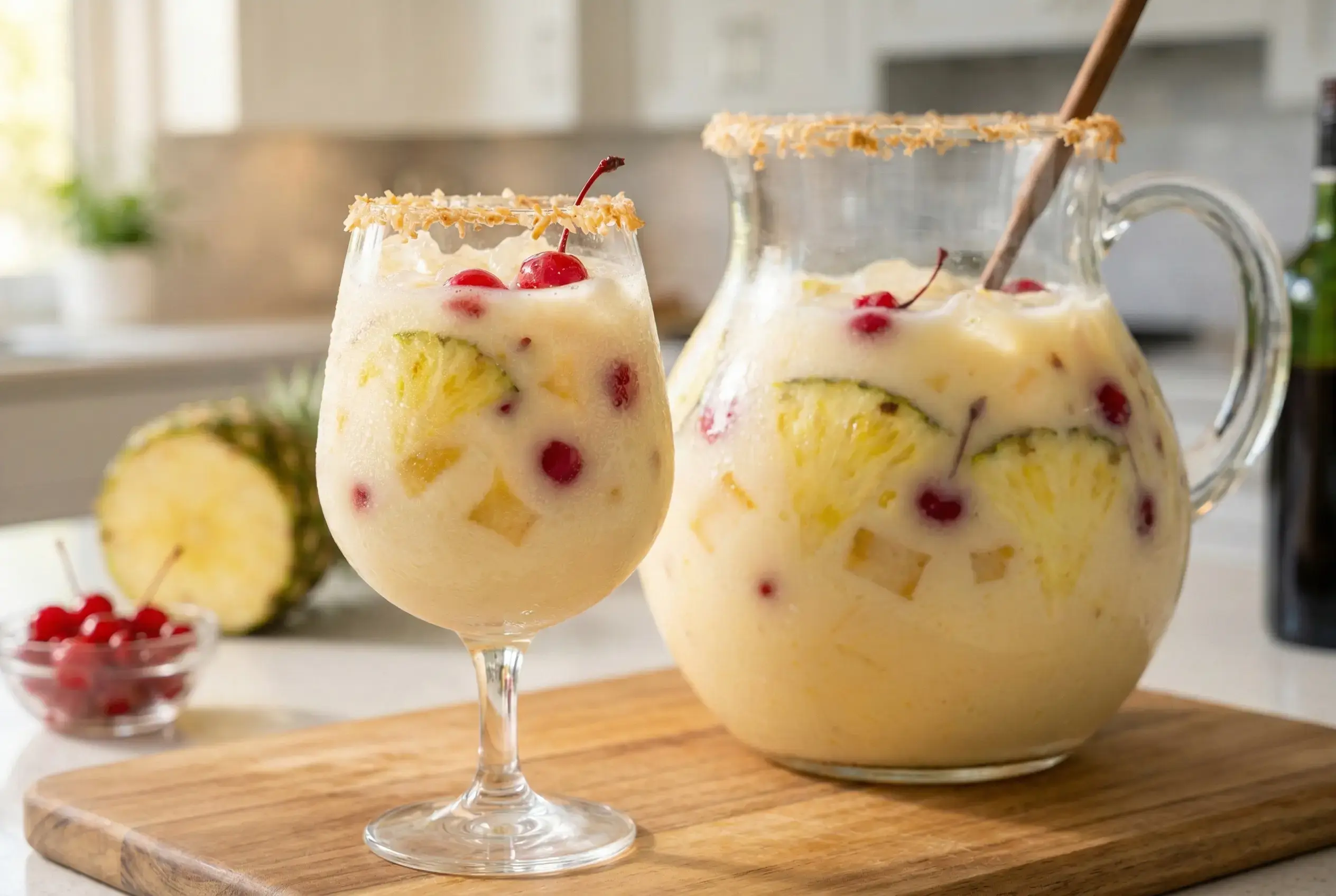 Grand pichet en verre et verres remplis de Sangria Piña Colada servis sur une table en bois avec une décoration tropicale.