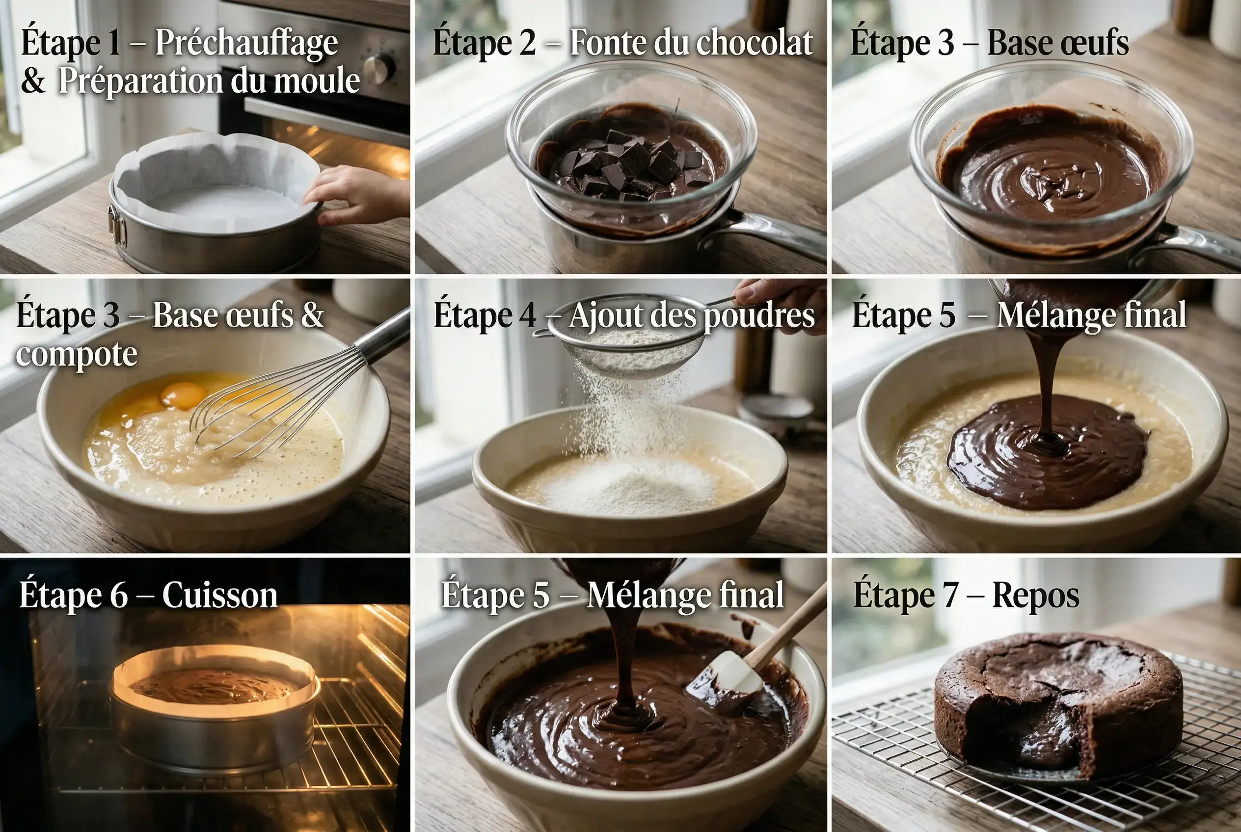 Collage photo montrant les 7 étapes de préparation du fondant au chocolat léger, de la fonte du chocolat à la sortie du four.