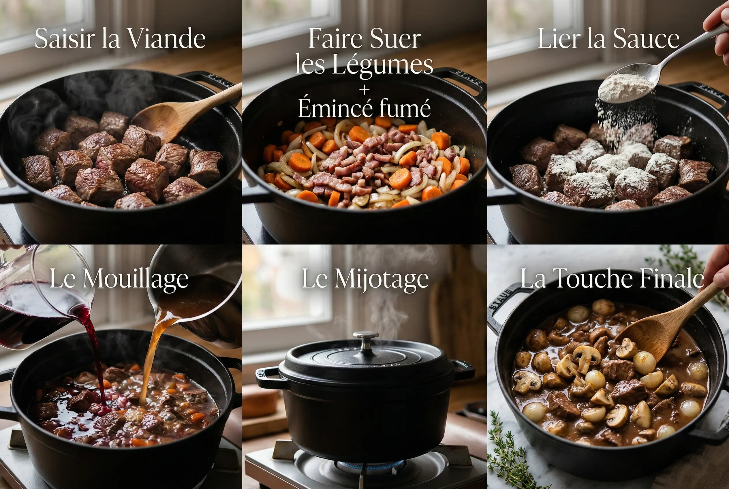 Collage montrant les étapes de cuisson du bœuf bourguignon : saisir la viande, faire suer les légumes, lier la sauce et mijotage en cocotte.
