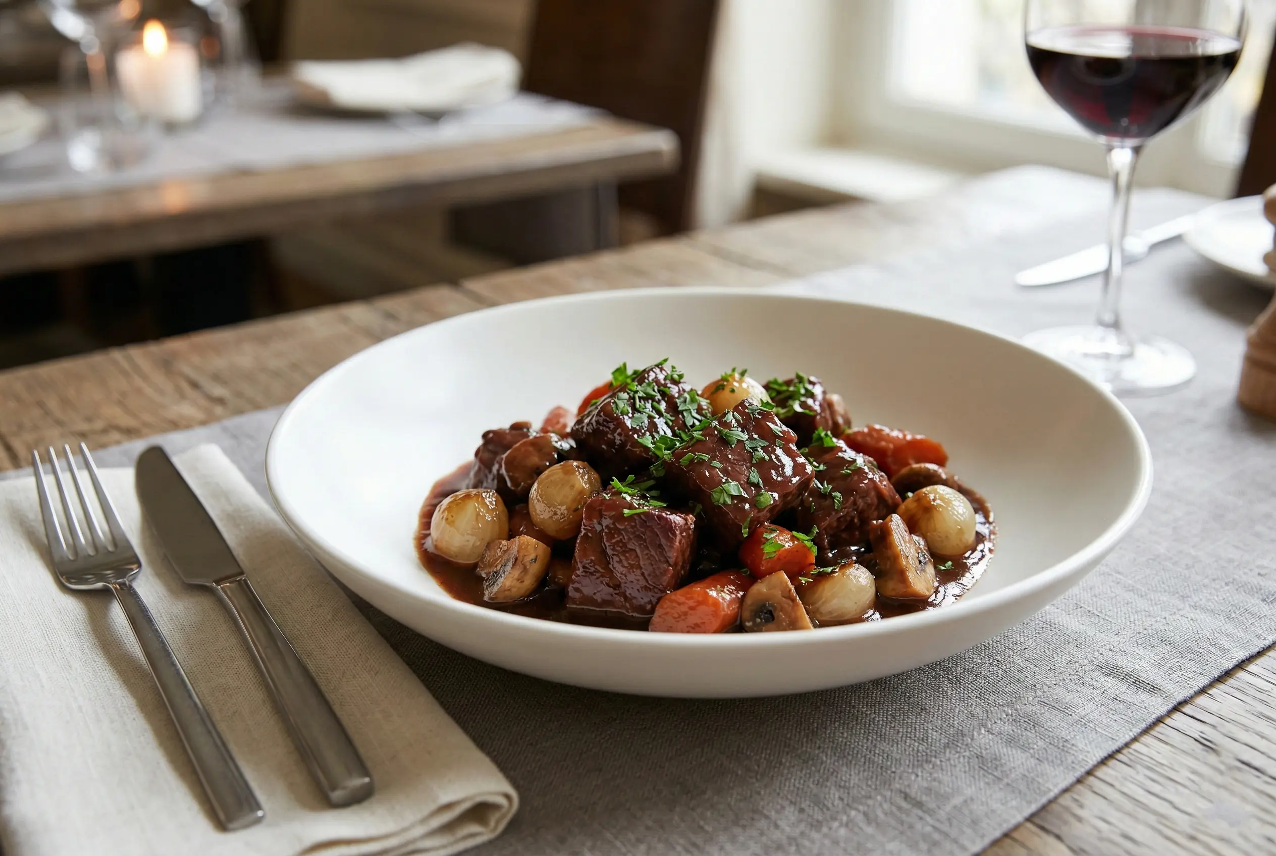Bœuf bourguignon traditionnel fumant servi dans une cocotte en fonte noire avec une sauce onctueuse et brillante.