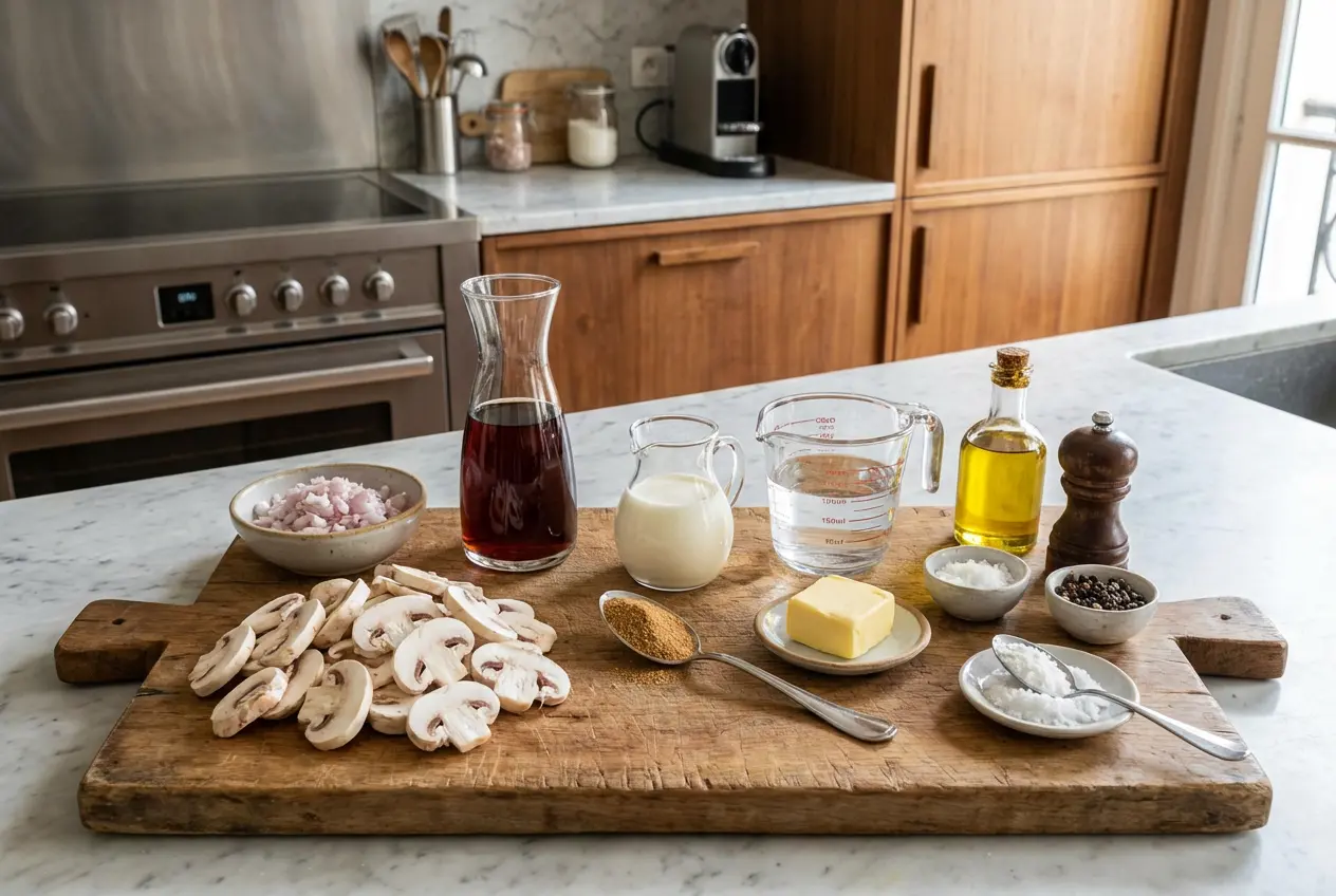 Ingrédients frais pour la recette de sauce Madère aux champignons : champignons de Paris, échalotes, vin de Madère, crème liquide et beurre sur une table en bois.