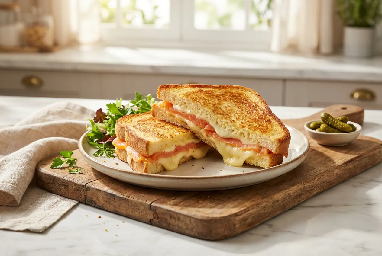 Résultat final du croque au saumon et Boursin. Gros plan d'un croque au saumon fumé et Boursin, coupé en deux, révélant le fromage fondant et le saumon.