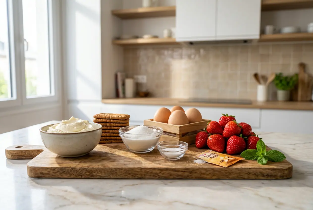 Ingrédients frais pour la recette du tiramisu fraise et spéculoos posés sur un plan de travail en marbre.