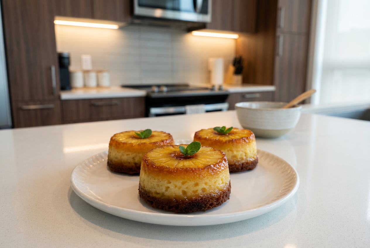 Petits Moelleux Renversés à l’Ananas & Mascarpone cuits et démoulés sur une assiette blanche minimaliste avec caramel brillant.