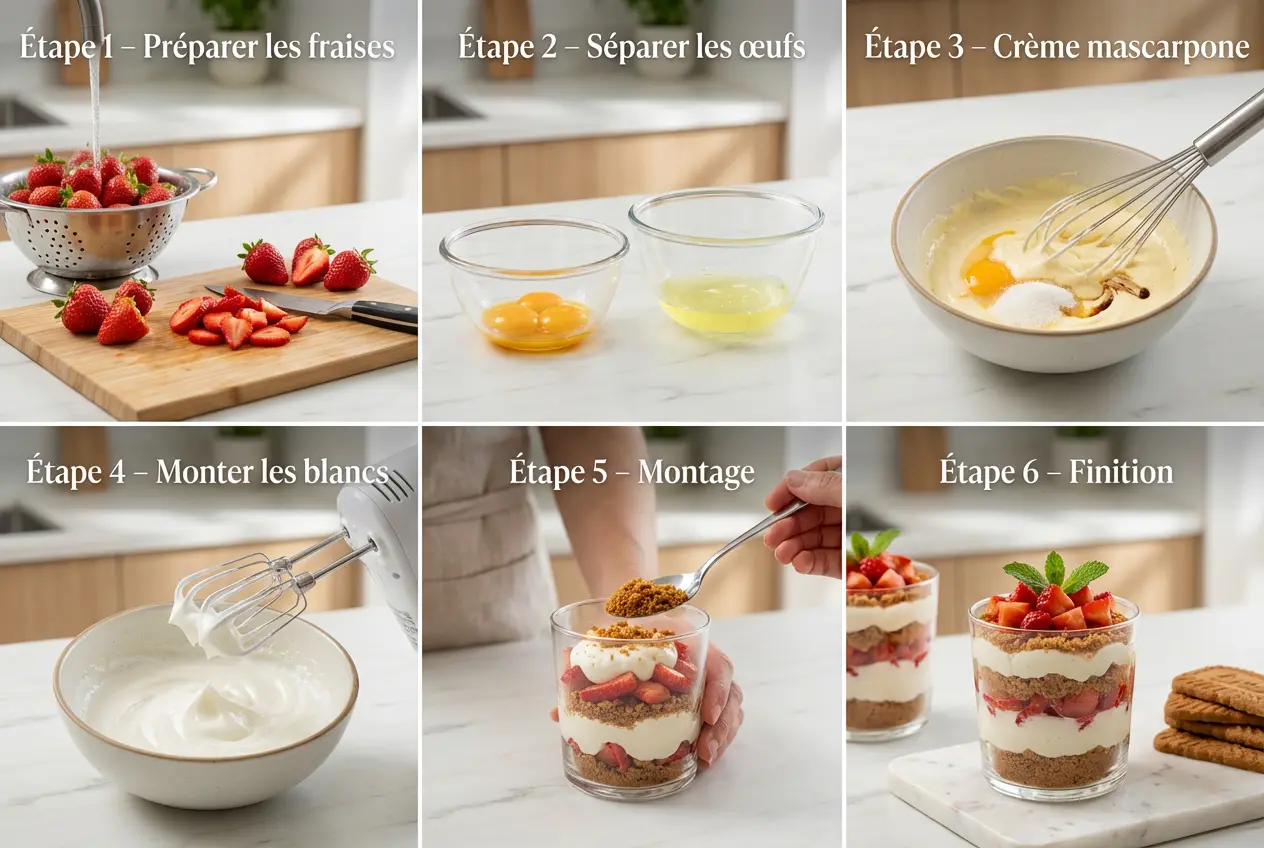 Collage photo étape par étape de la préparation du tiramisu fraise et spéculoos en 6 panneaux.