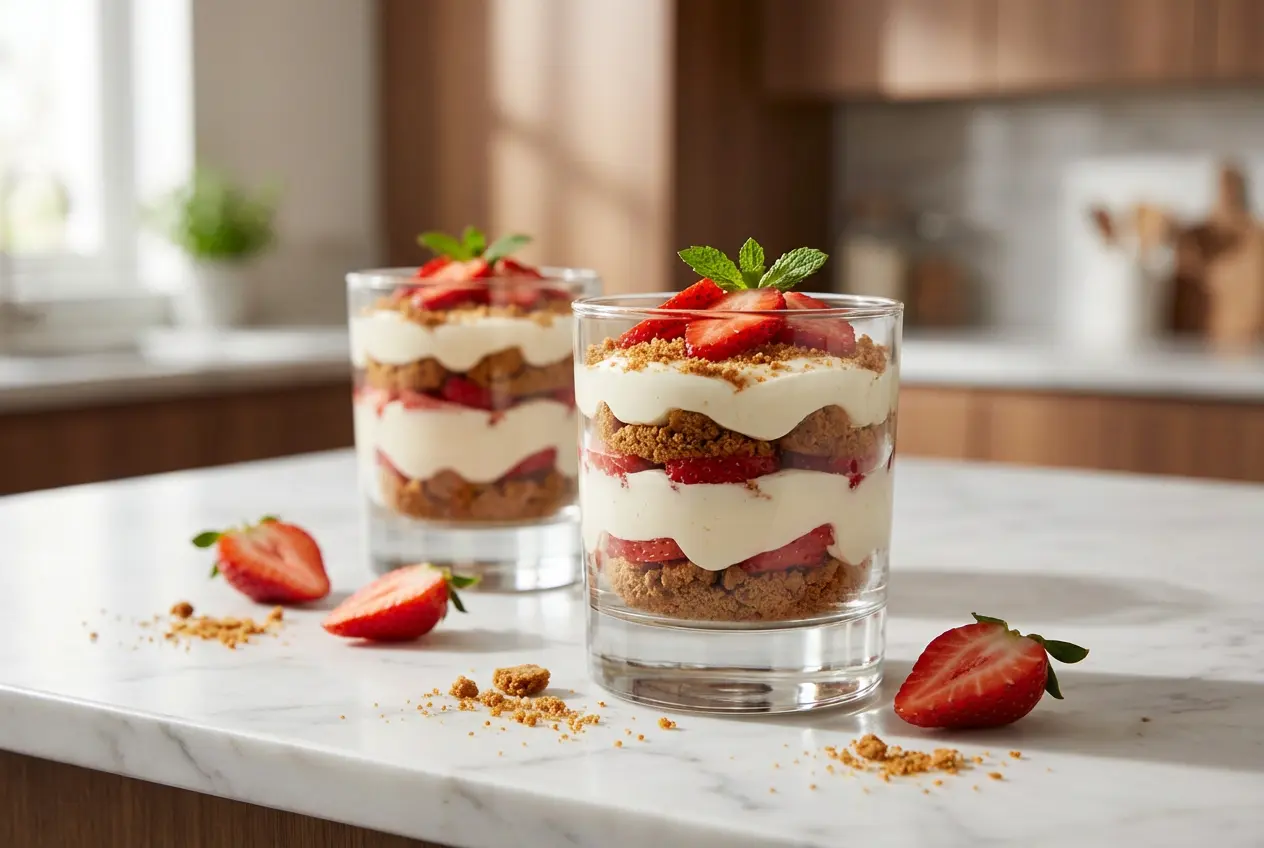 Verrine gourmande de tiramisu fraise et spéculoos avec couches visibles de crème et de fruits.