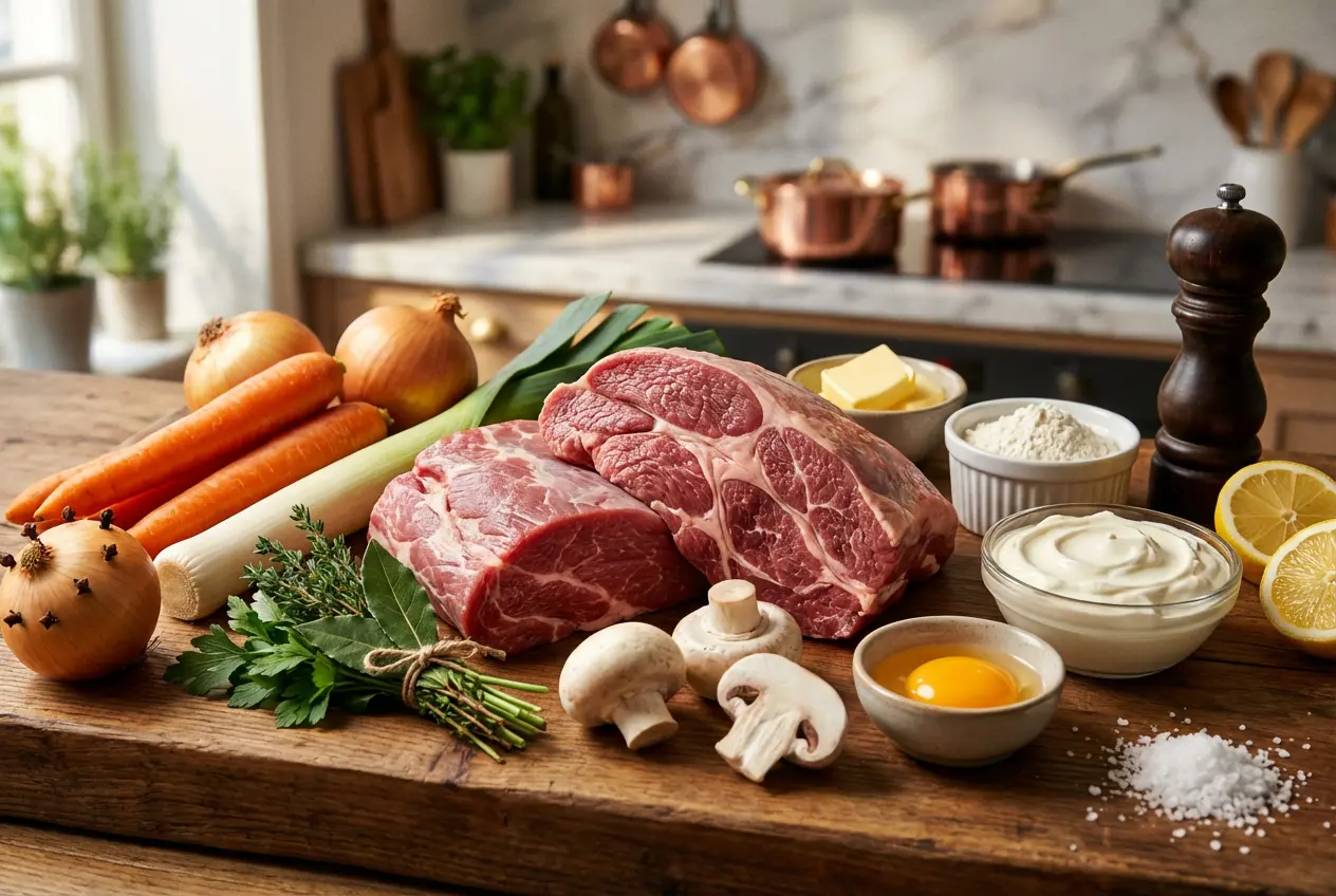 Vue de dessus des ingrédients frais pour une Blanquette de Veau comprenant du veau cru, des carottes, des poireaux, des oignons grelots, du beurre, de la crème et des champignons sur un plan de travail rustique.