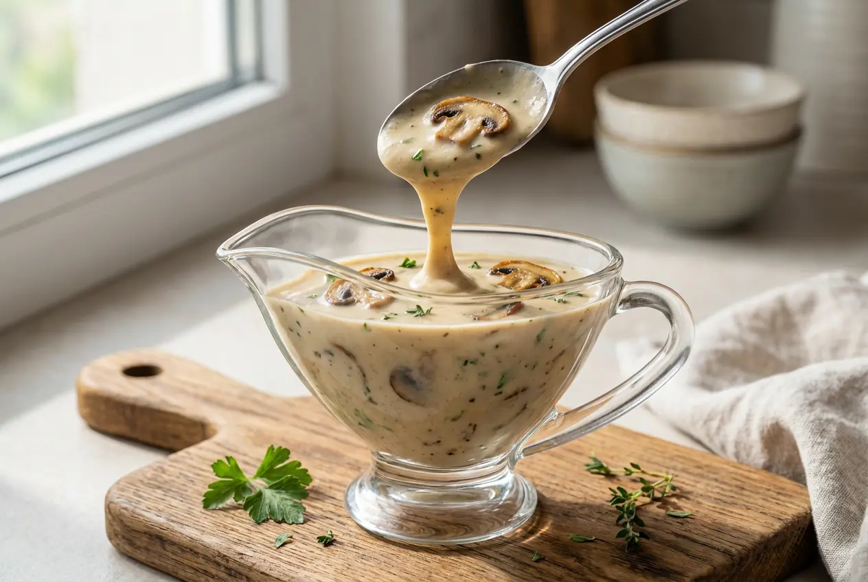 Gros plan sur une saucière en verre contenant une sauce Madère aux champignons crémeuse et nappante avec une cuillère.