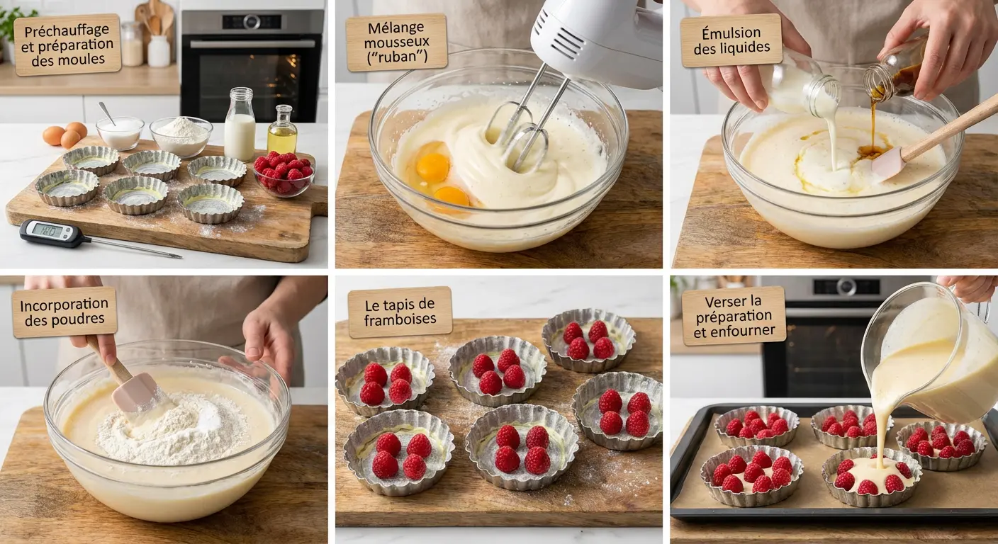 La préparation liquide et aérienne est versée délicatement sur un lit de framboises fraîches disposées au fond des moules à tartelettes.