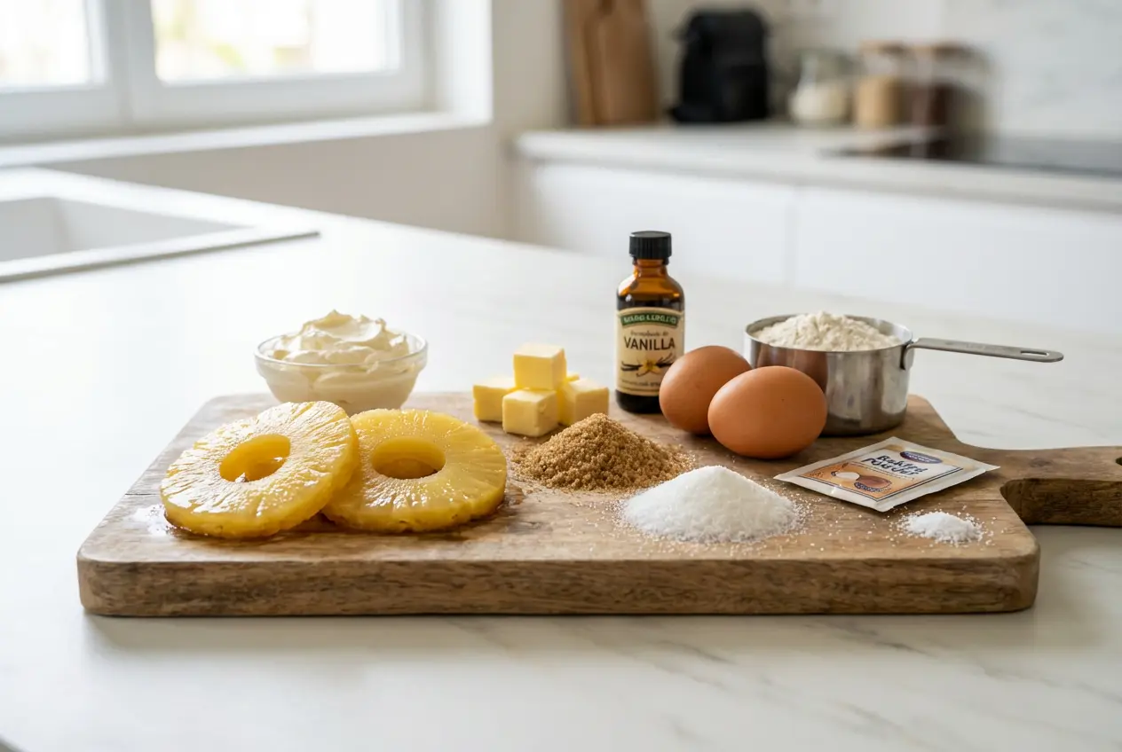 Ingrédients frais pour la recette des Petits Moelleux Renversés à l’Ananas & Mascarpone disposés sur un plan de travail en bois.
