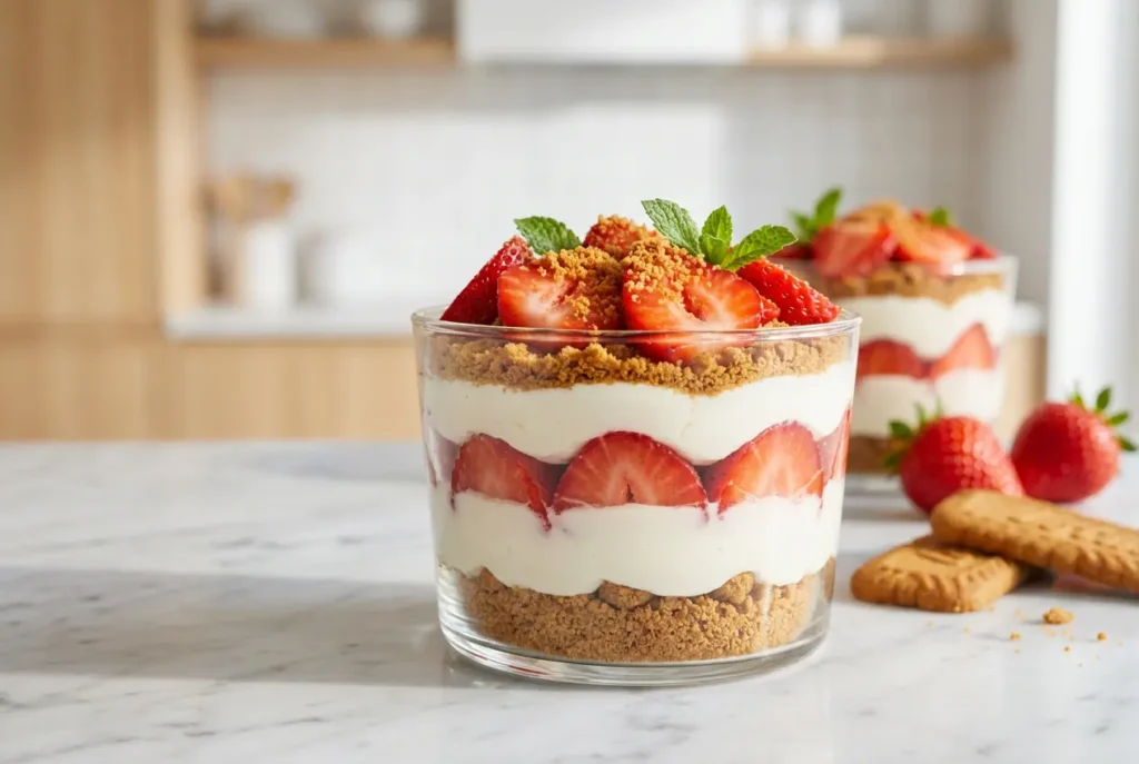 Verrine gourmande de tiramisu fraise et spéculoos avec couches visibles de crème et de fruits.
