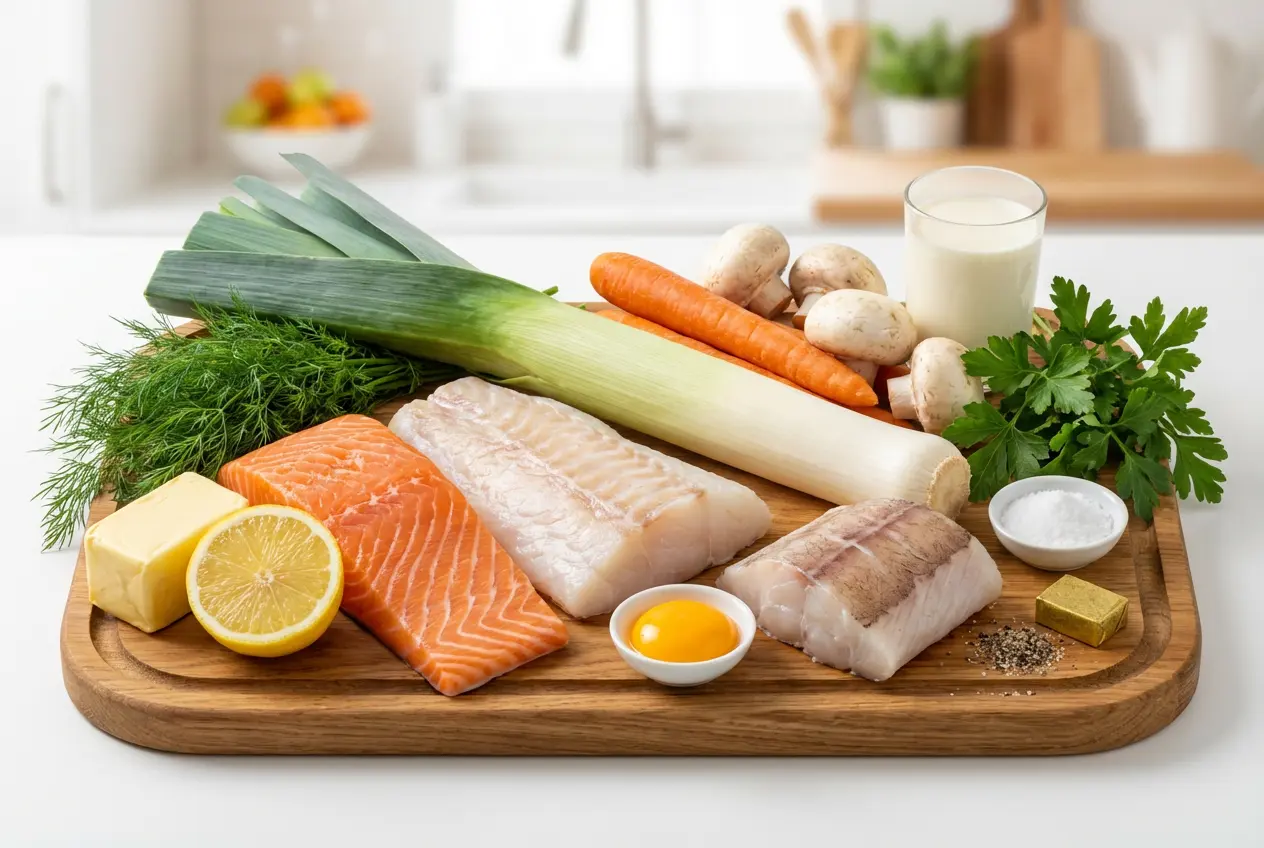 Ingrédients frais pour blanquette de poisson : pavés de saumon, cabillaud, blancs de poireaux, carottes et champignons.