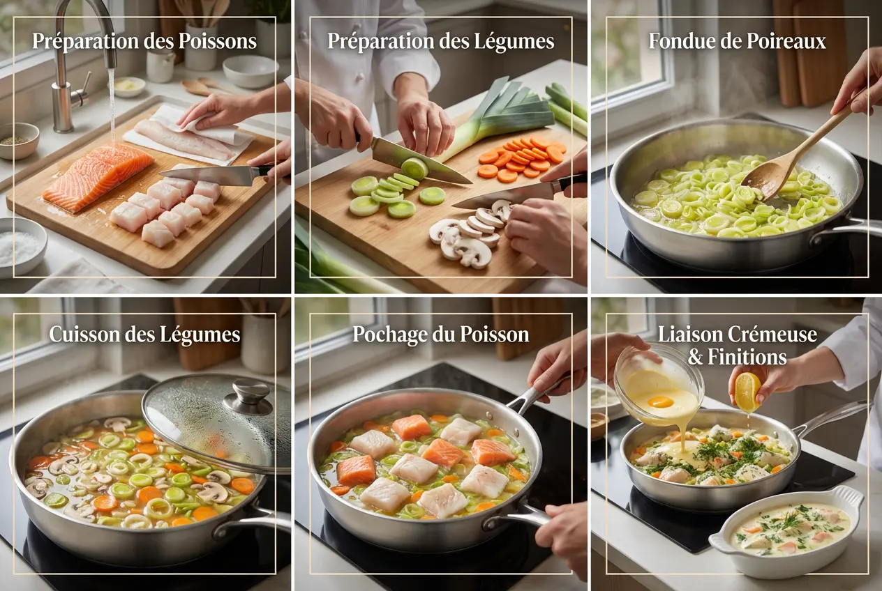 Guide étape par étape pour cuisiner une blanquette de poisson aux poireaux, de la découpe au pochage final.