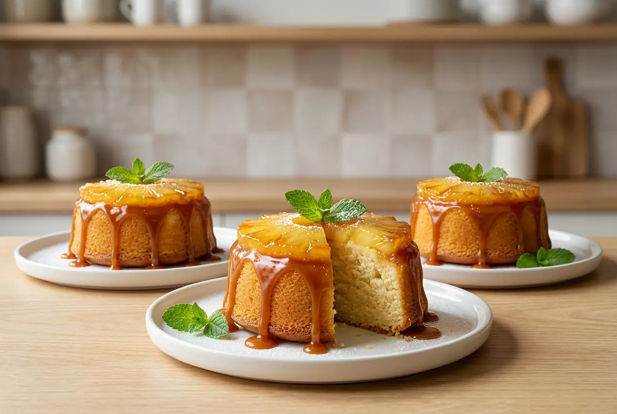 Petits Moelleux Renversés à l’Ananas & Mascarpone cuits et démoulés sur une assiette blanche minimaliste avec caramel brillant.