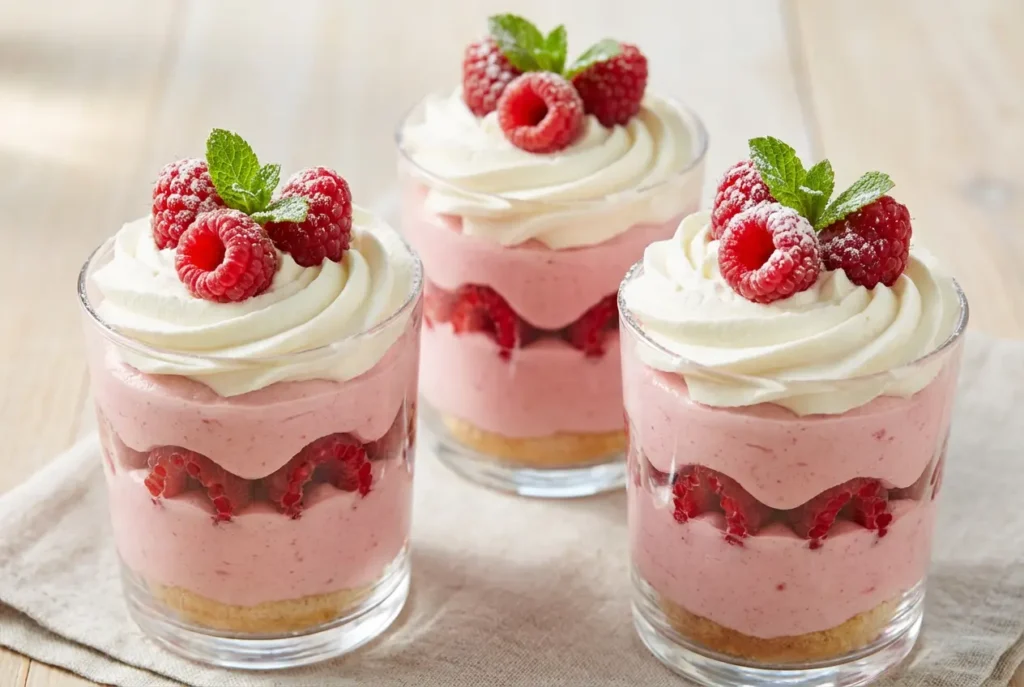 Gros plan verrine Charlotte à la mousse de framboises visibles biscuit mousse rose et chantilly.