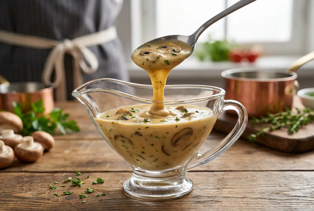 Gros plan sur une saucière en verre contenant une sauce Madère aux champignons crémeuse et nappante avec une cuillère.