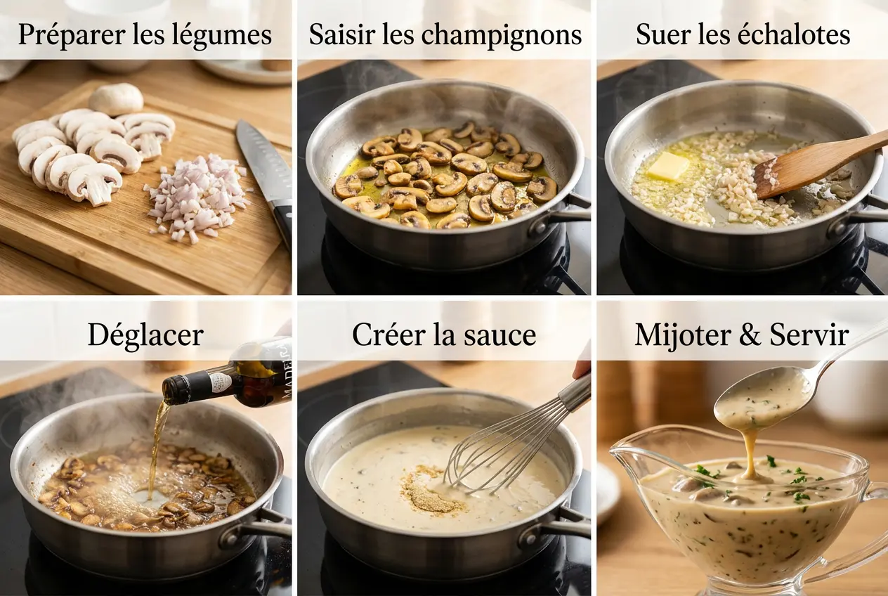 Étapes de préparation photo par photo de la sauce Madère : saisir les champignons, suer les échalotes, déglacer au vin et ajouter la crème.