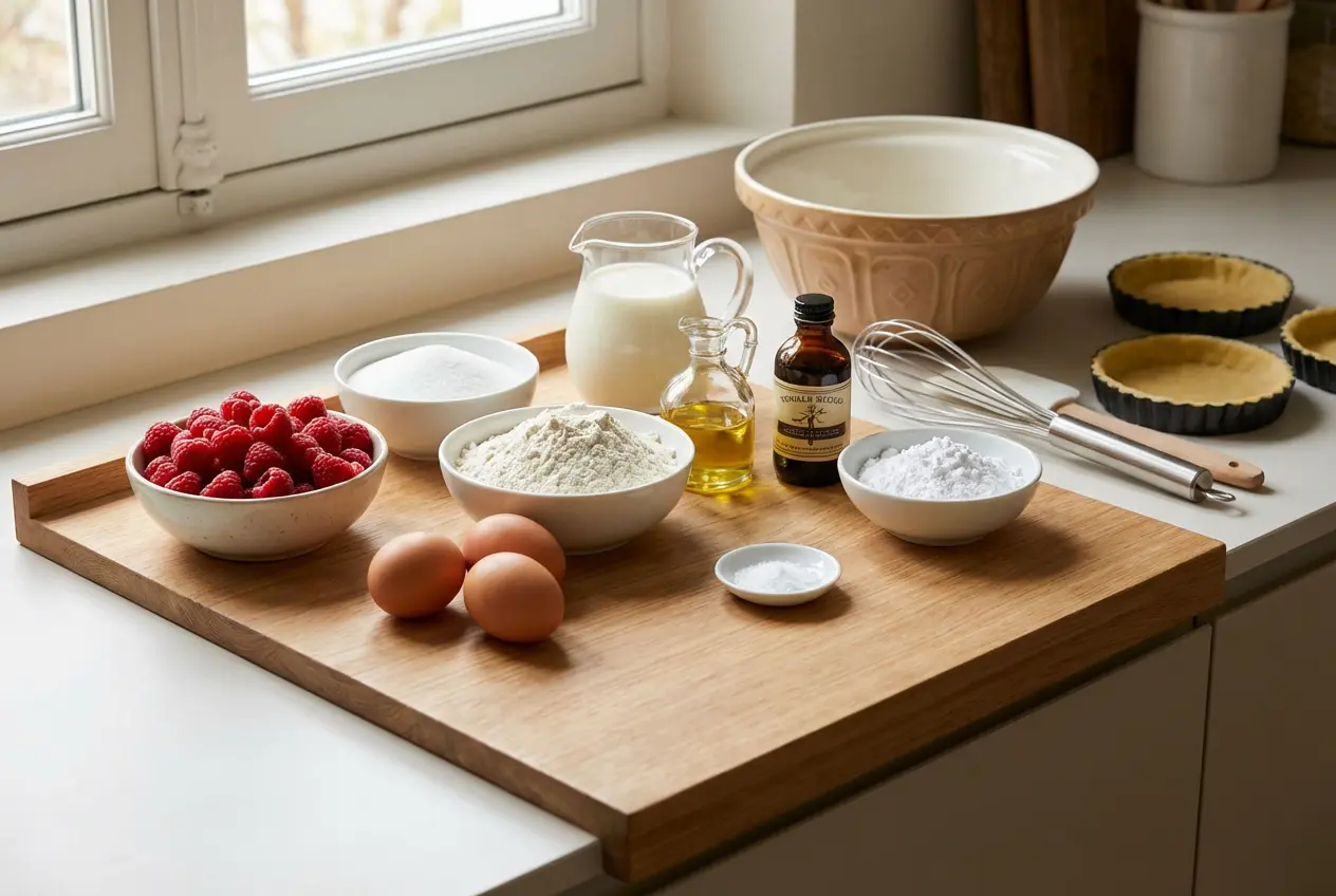 Ingrédients pour les tartelettes sans pâte aux framboises, incluant œufs, sucre, et framboises, à côté de moules à tartelettes vides et préparés sur un plan de travail en bois.