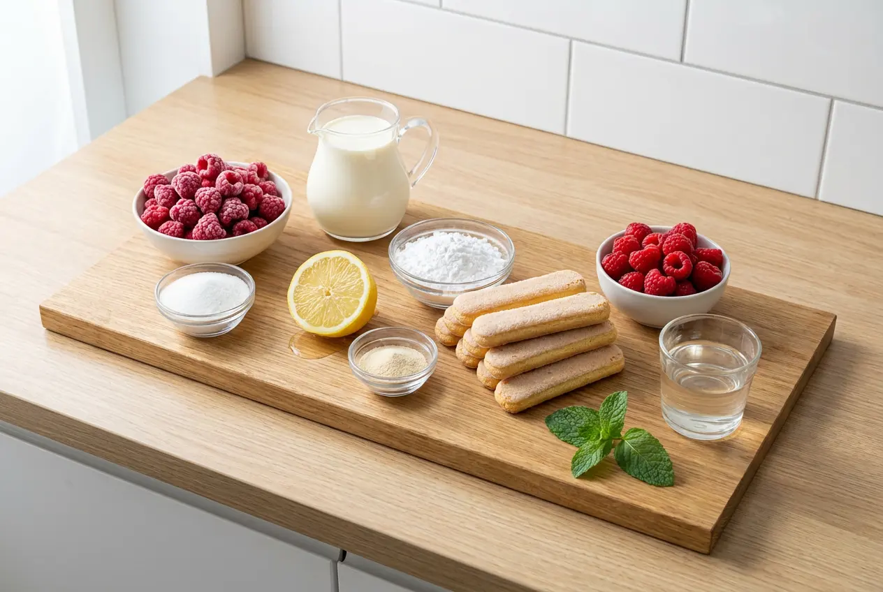 Ingrédients charlotte mousse framboises vue de dessus : framboises, crème liquide, biscuits à la cuillère, sucre et citron sur planche bois.