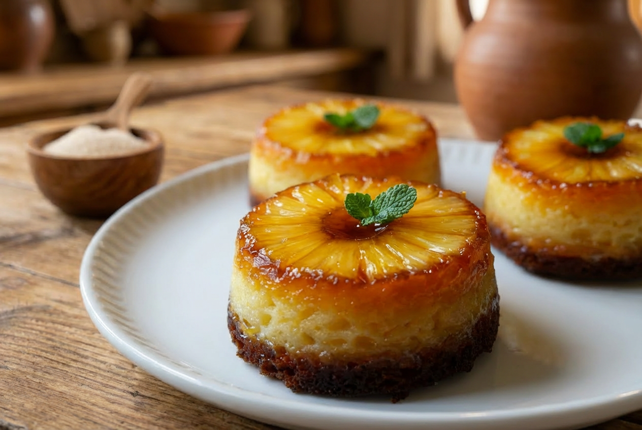 Petits Moelleux Renversés à l’Ananas & Mascarpone cuits et démoulés sur une assiette blanche minimaliste avec caramel brillant.