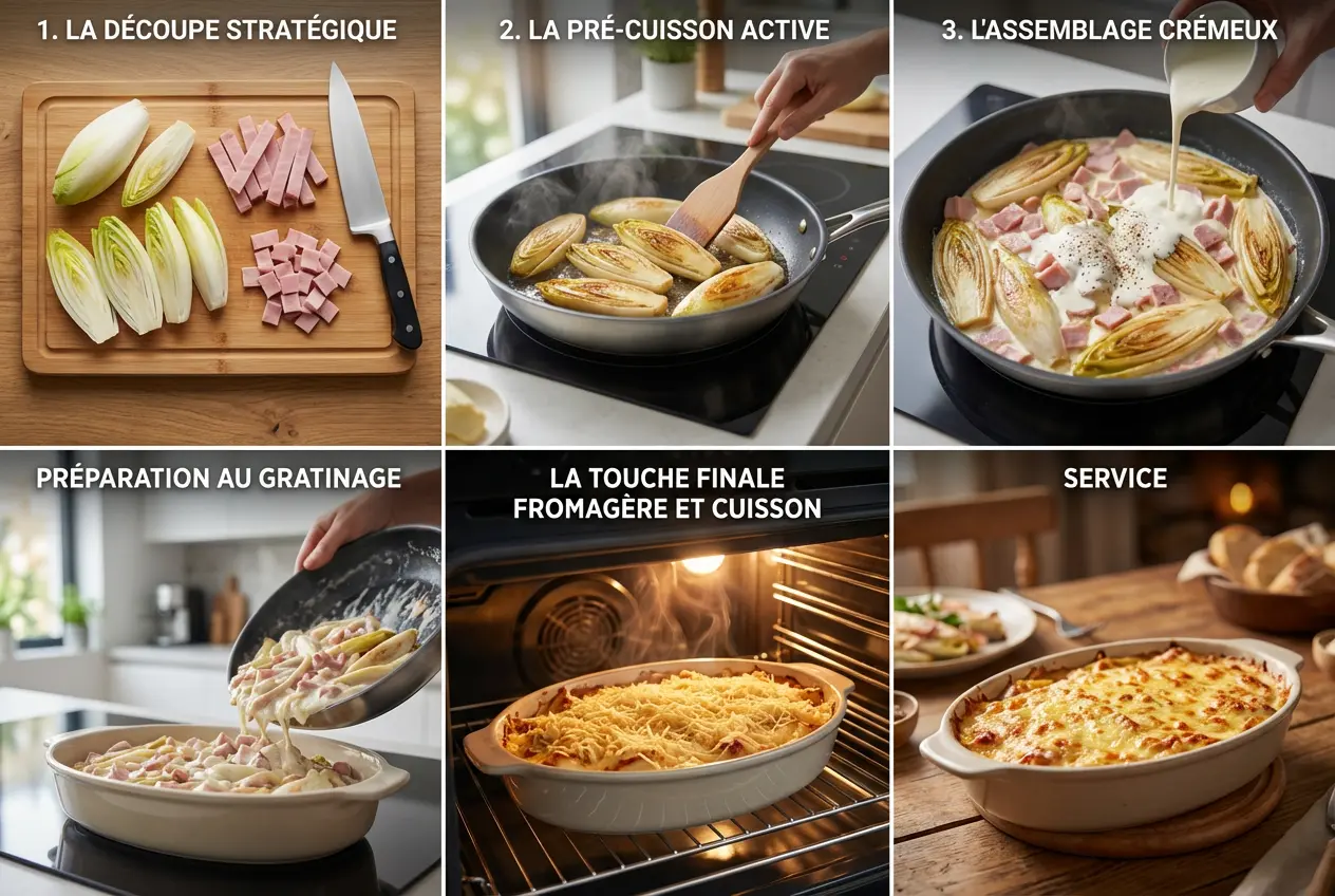 Préparation du Gratin d’Endives Mariette dans une poêle : endives émincées et lanières de jambon mélangées à la crème fraîche onctueuse et à la muscade.