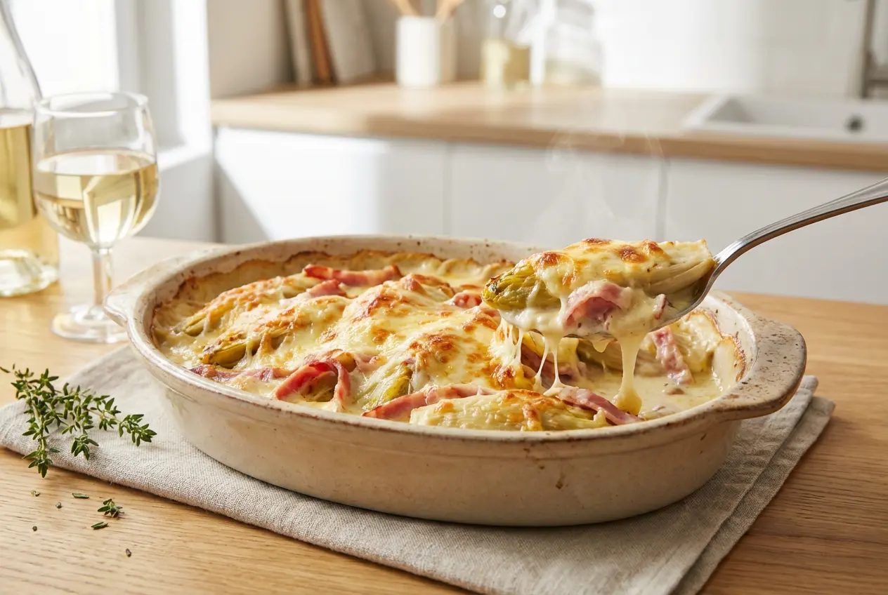 Plat à gratin en céramique sortant du four, contenant le Gratin d’Endives Mariette avec une croûte de fromage doré, croustillant et bouillonnant.
