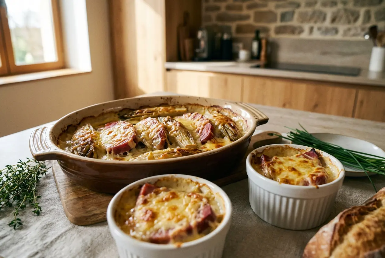 Plat à gratin en céramique sortant du four, contenant le Gratin d’Endives Mariette avec une croûte de fromage doré, croustillant et bouillonnant.