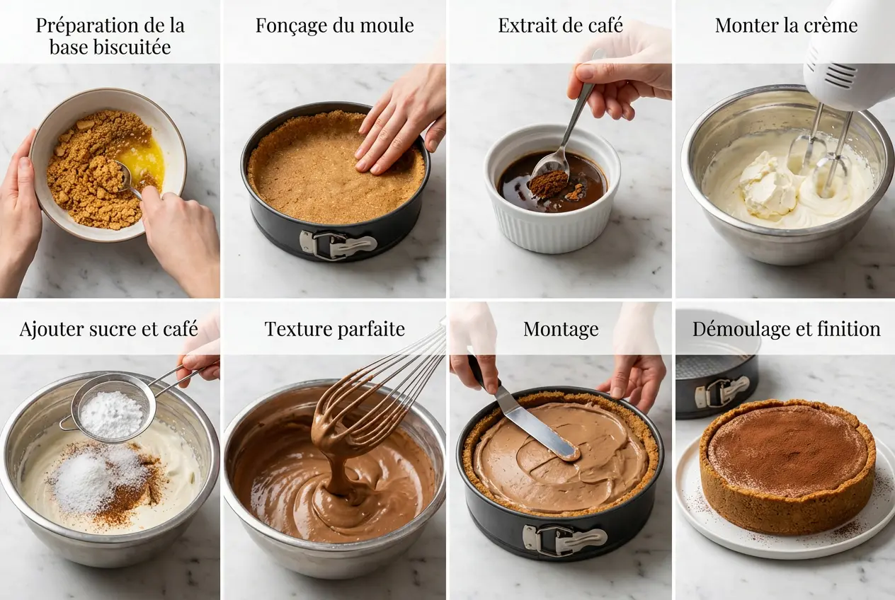 Étapes de préparation de la tarte moka : mélange de la base biscuitée et fouettage de la mousse au café.