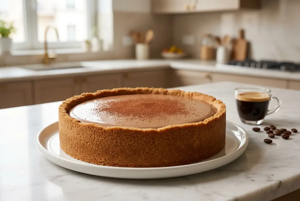 Tarte moka sans cuisson entière saupoudrée de cacao sur une assiette blanche, dessert facile au café.