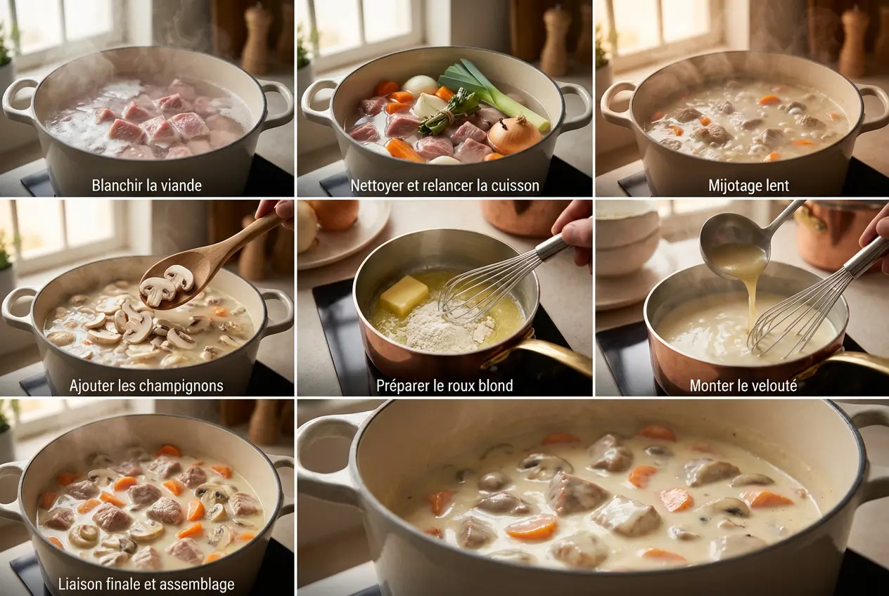Une grande cocotte en fonte sur une cuisinière remplie de morceaux de veau, carottes, poireaux et d'un bouquet garni frémissant dans un bouillon clair.