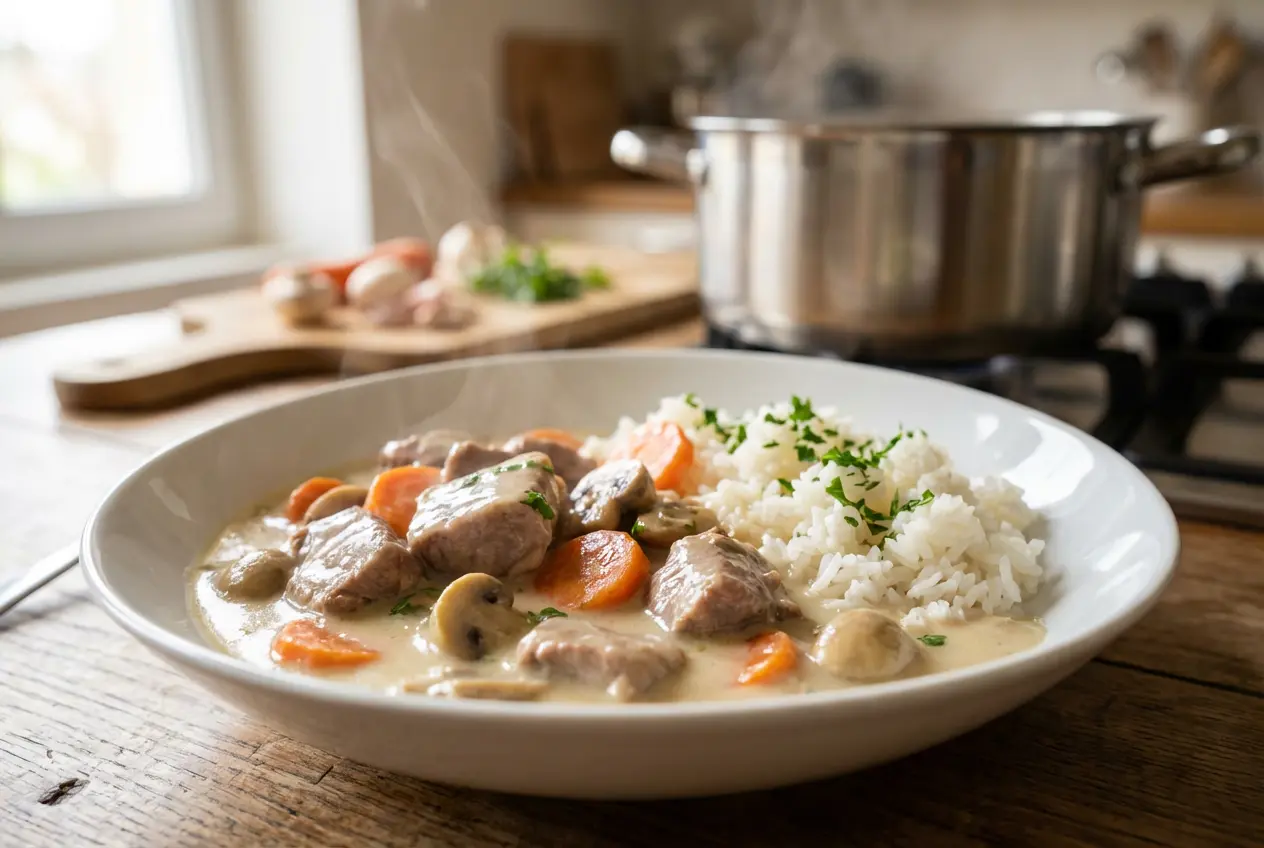 Un plat joliment dressé de Blanquette de Veau avec une viande tendre, des champignons frais et des carottes généreusement enrobés d'une sauce onctueuse couleur ivoire, parsemé de persil frais.