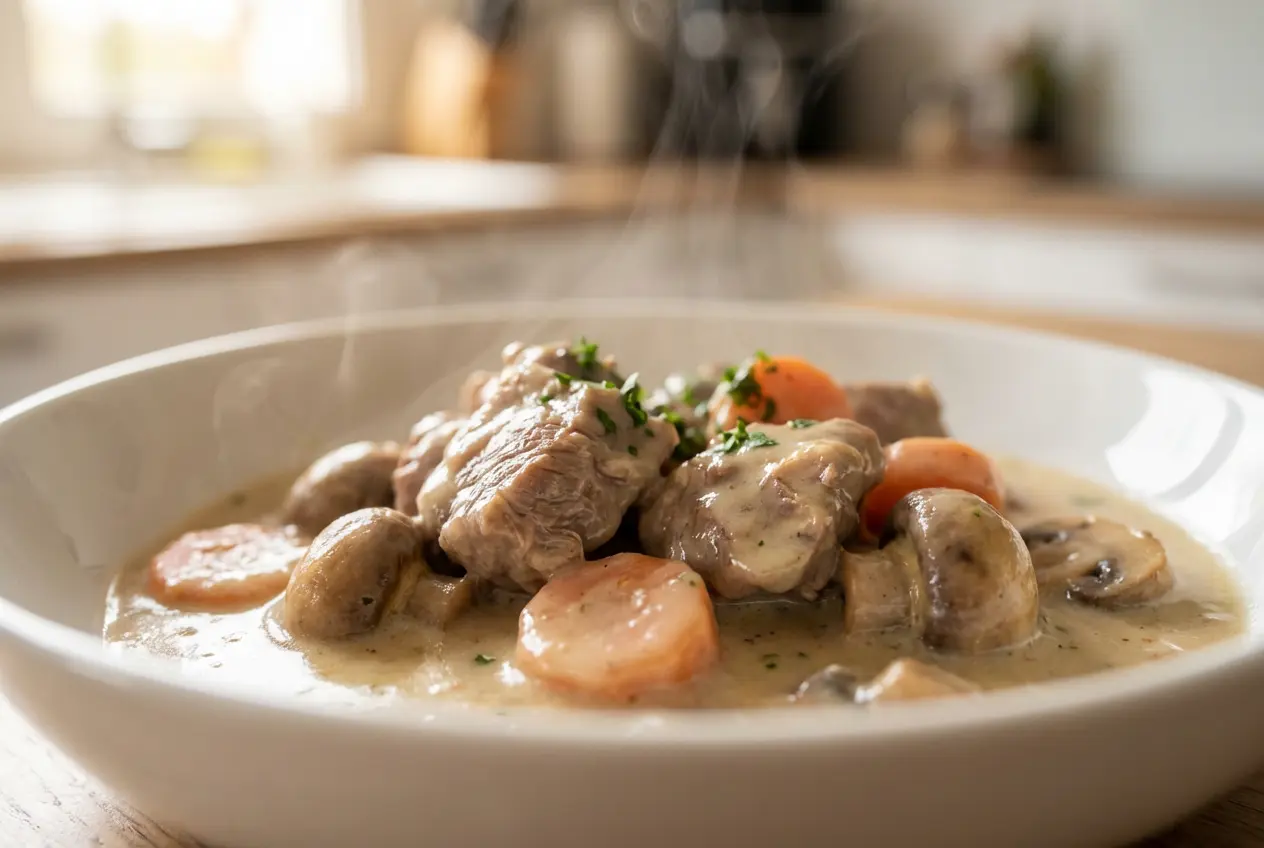 Un plat joliment dressé de Blanquette de Veau avec une viande tendre, des champignons frais et des carottes généreusement enrobés d'une sauce onctueuse couleur ivoire, parsemé de persil frais.