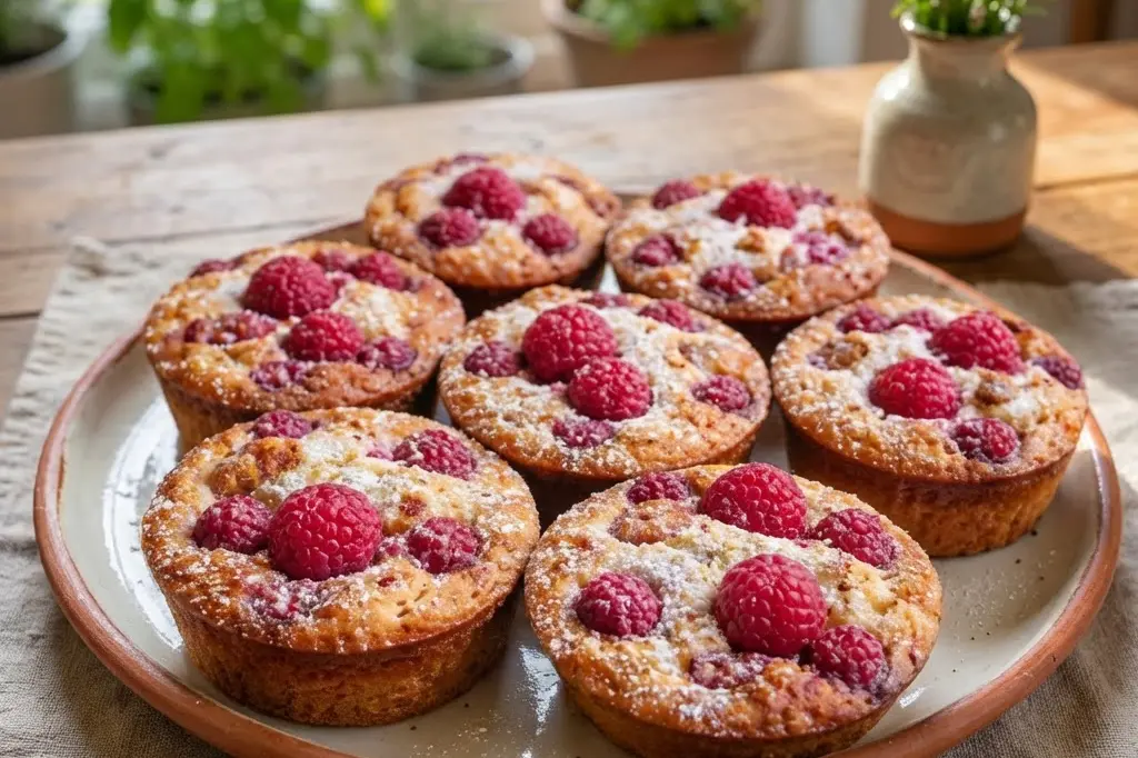 Tartelettes sans pâte aux framboises dorées et finalisées, saupoudrées de sucre glace et servies sur un plateau de présentation élégant.