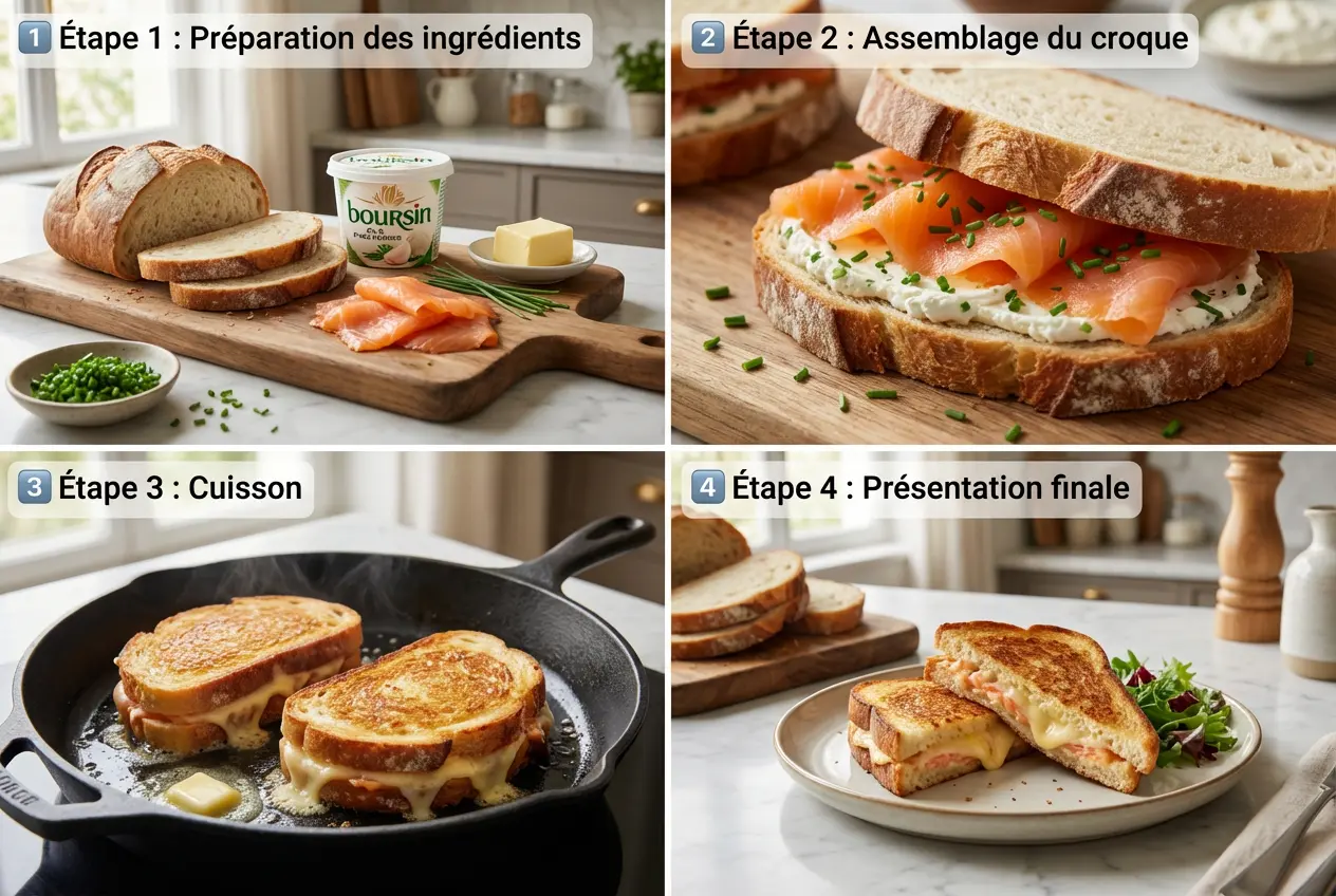 Étape de cuisson du croque au saumon fumé et Boursin. Deux croques au saumon fumé et Boursin dorant dans une poêle en fonte sur une cuisinière.
