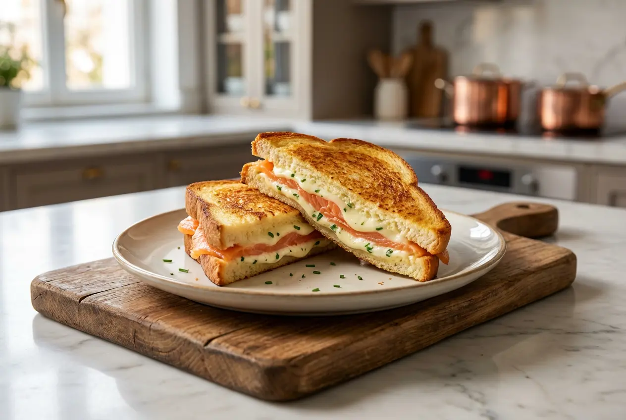 Gros plan d'un croque au saumon fumé et Boursin, coupé en deux, révélant le fromage fondant et le saumon.