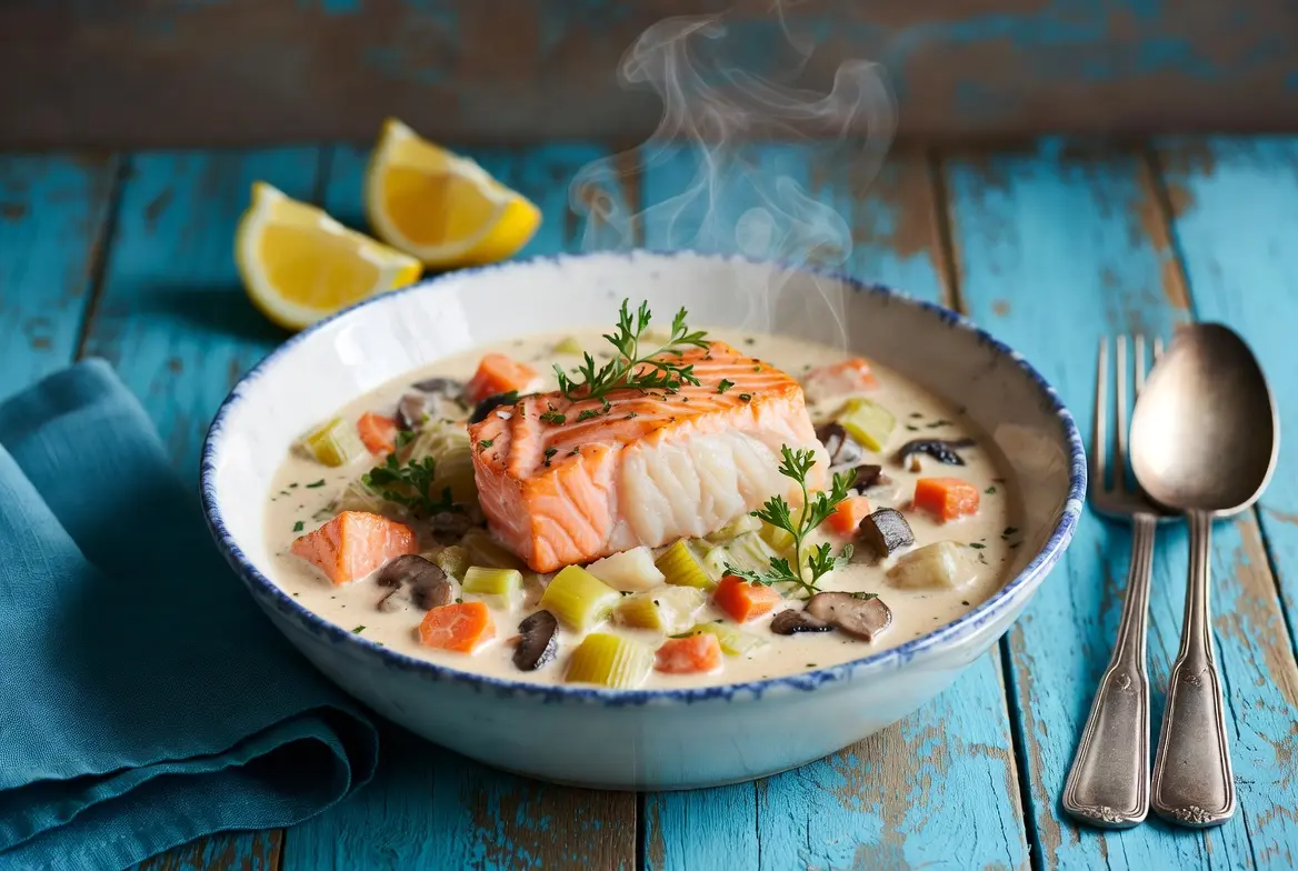Plat de Blanquette de Poisson aux Poireaux et Légumes dans une assiette blanche avec sauce crémeuse et herbes fraîches.