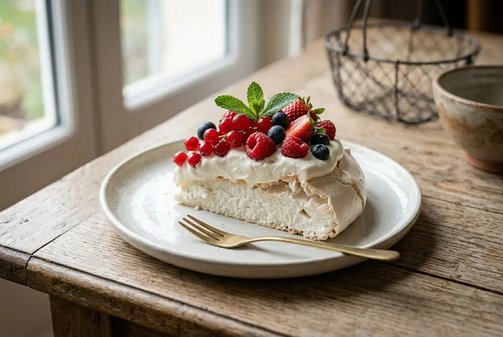 Pavlova aux fruits rouges avec chantilly et fruits frais présentation élégante