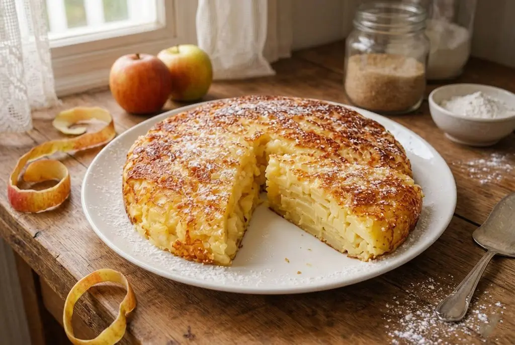 Gâteau aux pommes à la poêle doré et irrésistible avec sucre glace et part coupée