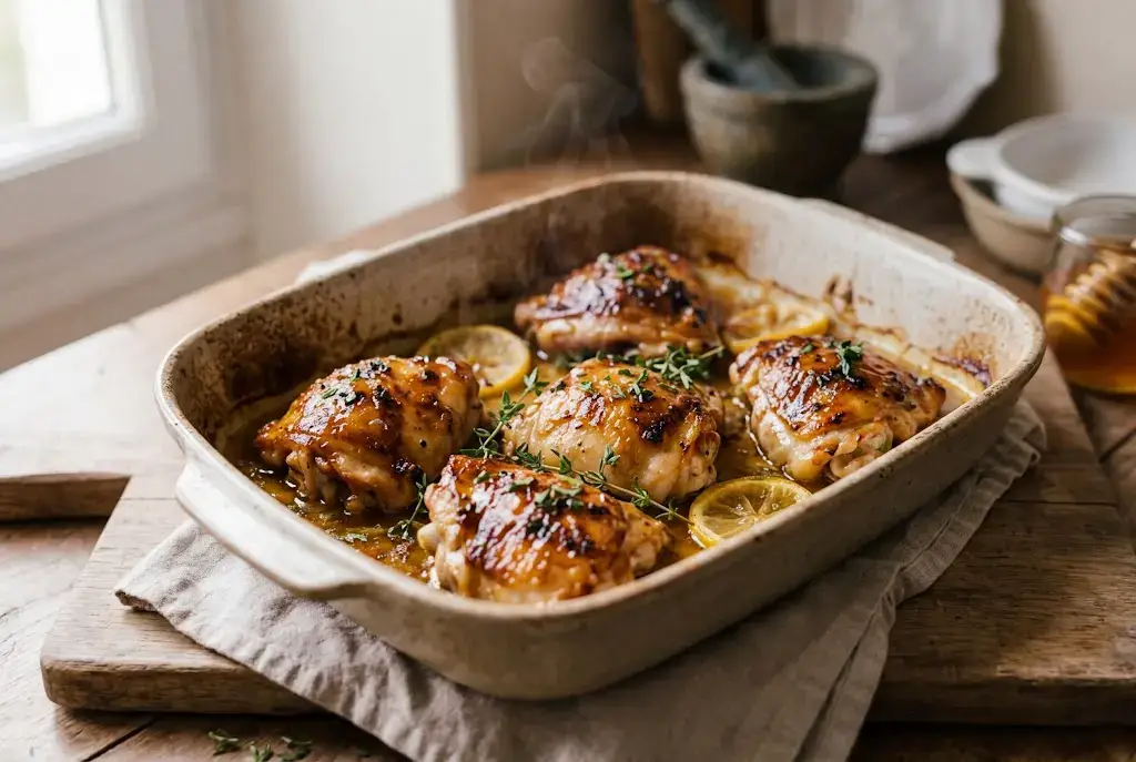Poulet au miel et moutarde au four rôti doré et caramélisé
