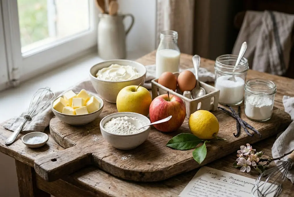 Ingrédients frais pour tarte au mascarpone et à la pomme Ingrédients pour tarte au mascarpone et à la pomme disposés sur une table