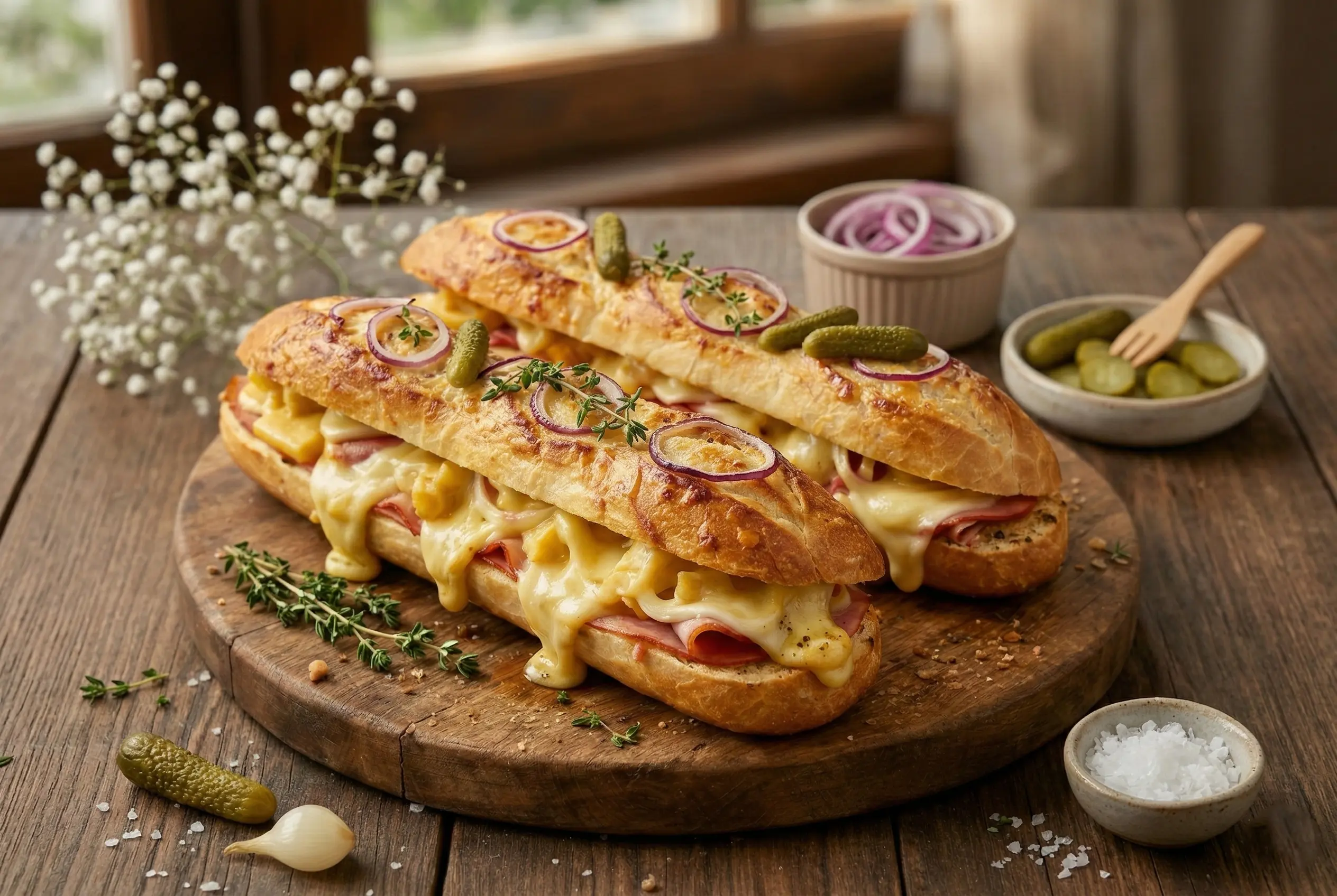 baguettes-raclette-delices-resultat-final(1) Baguettes raclette gratinées avec fromage filant, charcuterie de volaille et oignons rouges, servies sur une planche rustique.