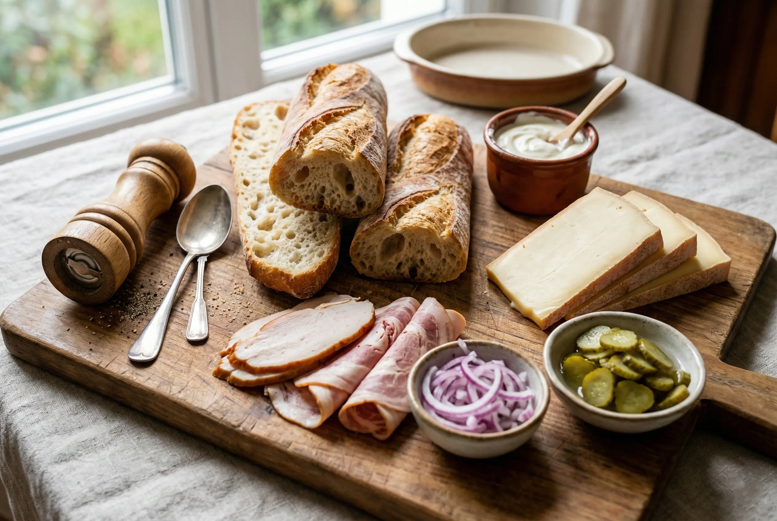 ingredients-baguettes-raclette-delices Ingrédients pour baguettes raclette disposés sur une planche en bois : baguettes, fromage raclette, charcuterie de volaille, oignons rouges et cornichons.