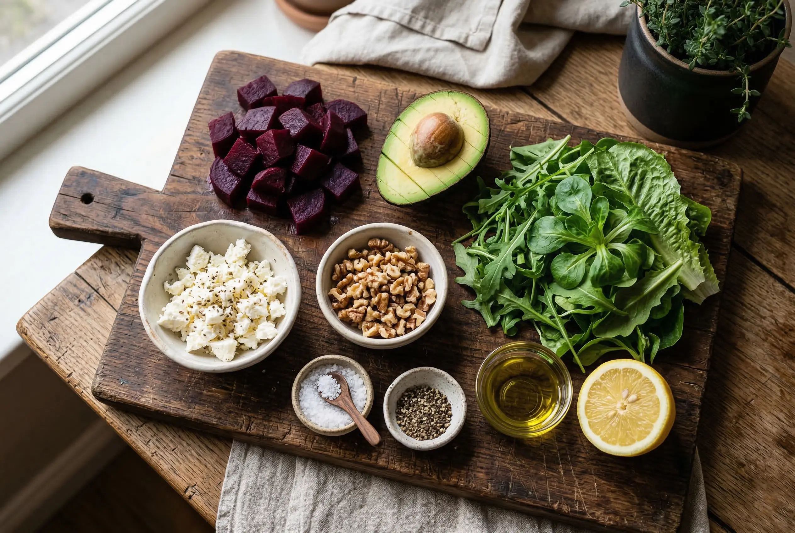 Ingrédients pour salade betterave avocat feta avec betterave cuite, avocat, feta, noix et salade verte sur planche en bois