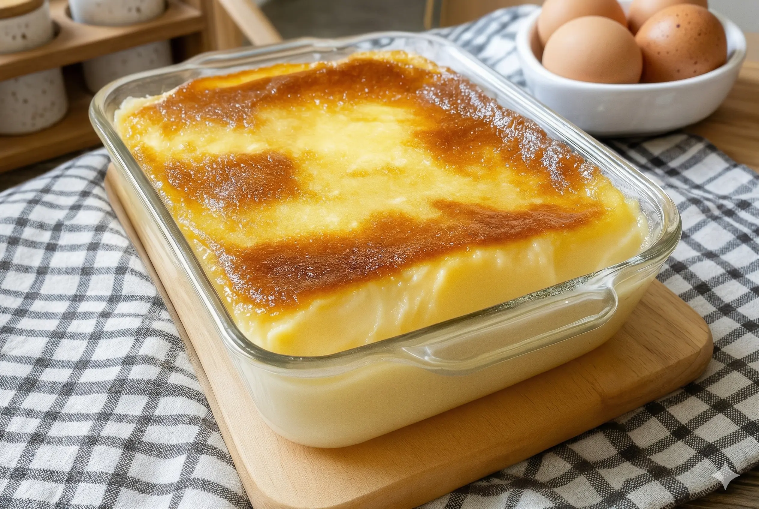 les Œufs au lait maison dorés et crémeux dans un plat en verre