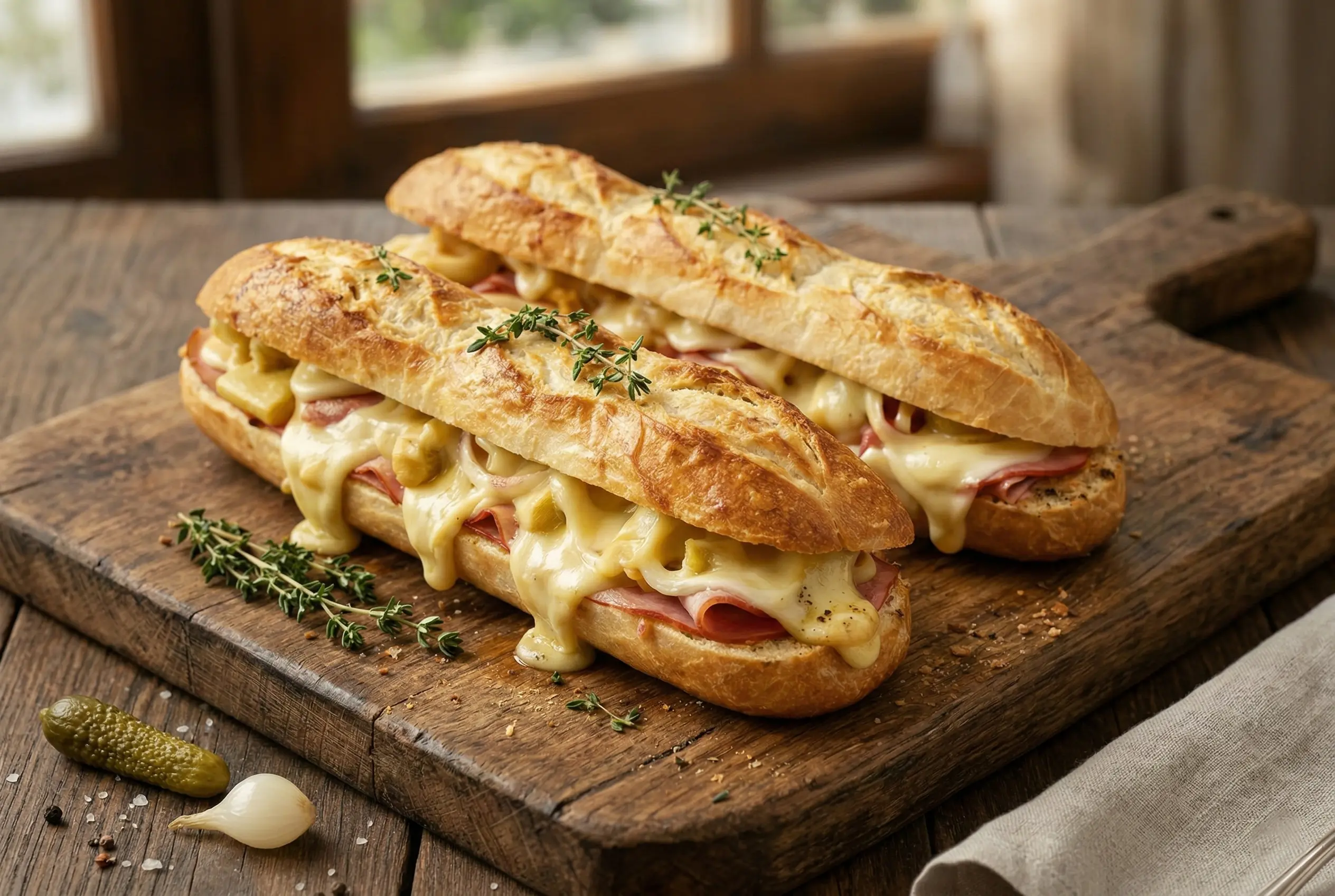 Baguettes raclette gratinées avec fromage filant, charcuterie de volaille et oignons rouges, servies sur une planche rustique.