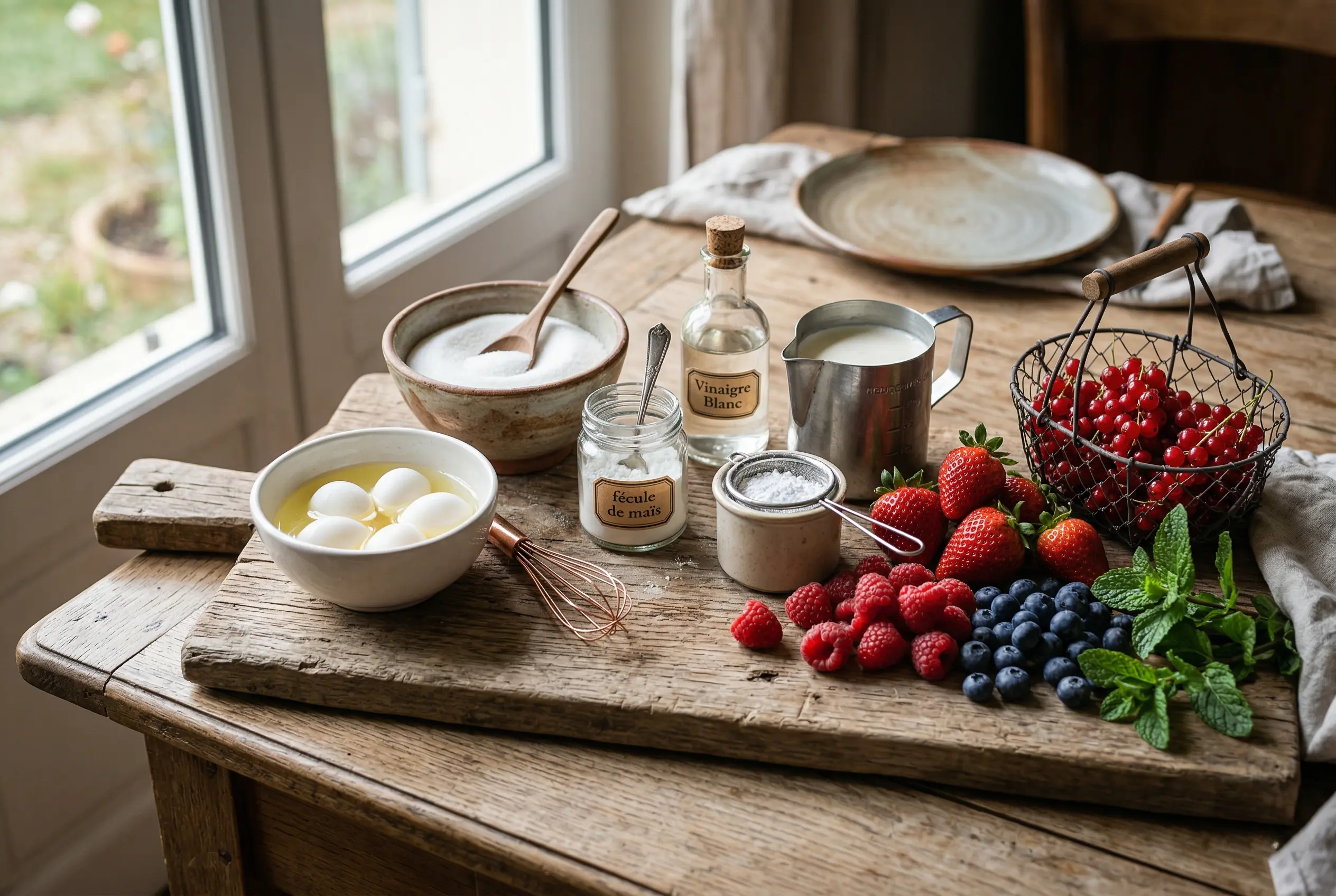 Pavlova aux fruits rouges ingrédients disposés sur planche en bois avec œufs sucre crème et fruits frais