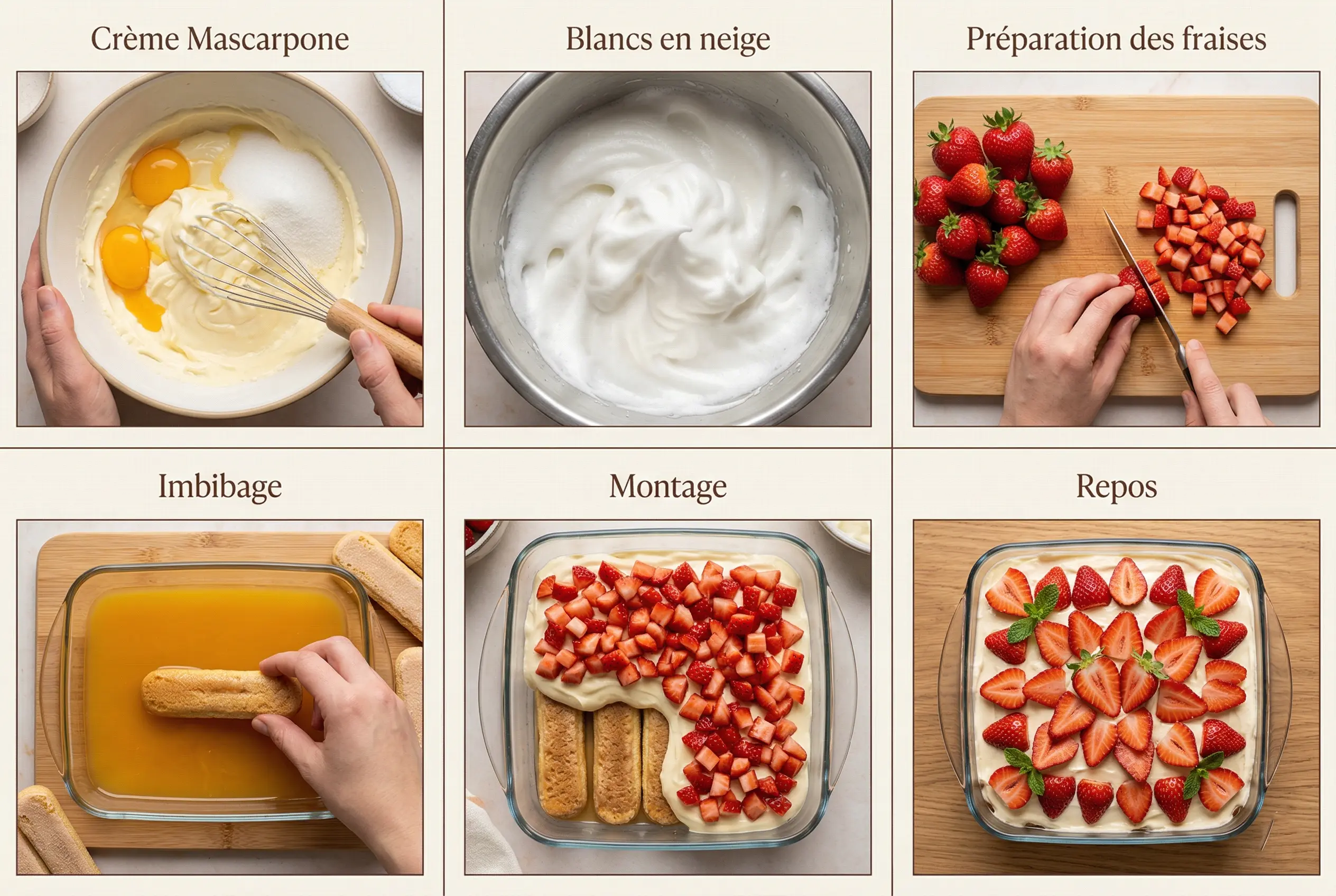 Étapes de préparation du tiramisu aux fraises avec montage de la crème mascarpone, fraises et biscuits imbibés