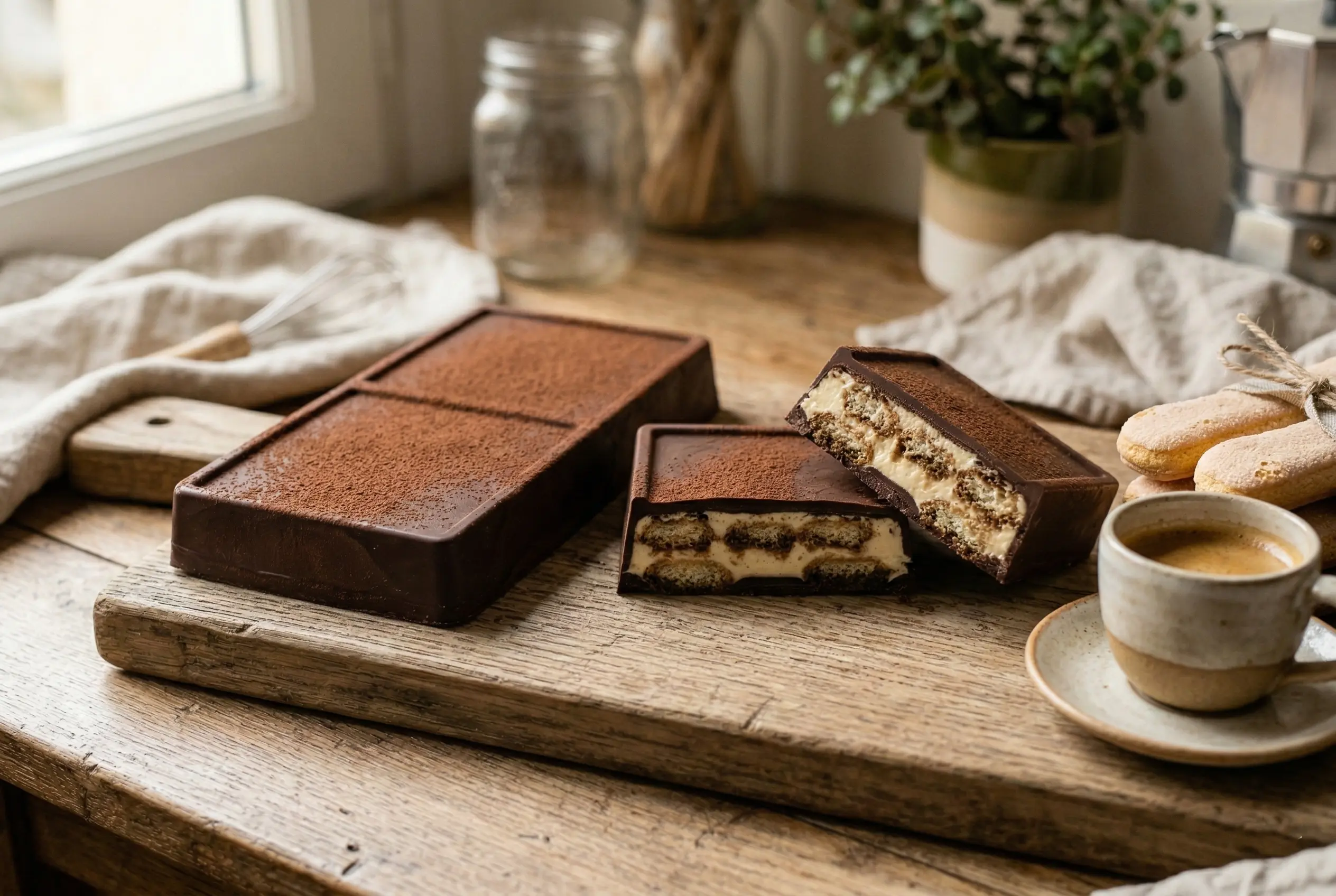 chocolat tiramisu coupée en deux révélant les couches de crème et de biscuit.