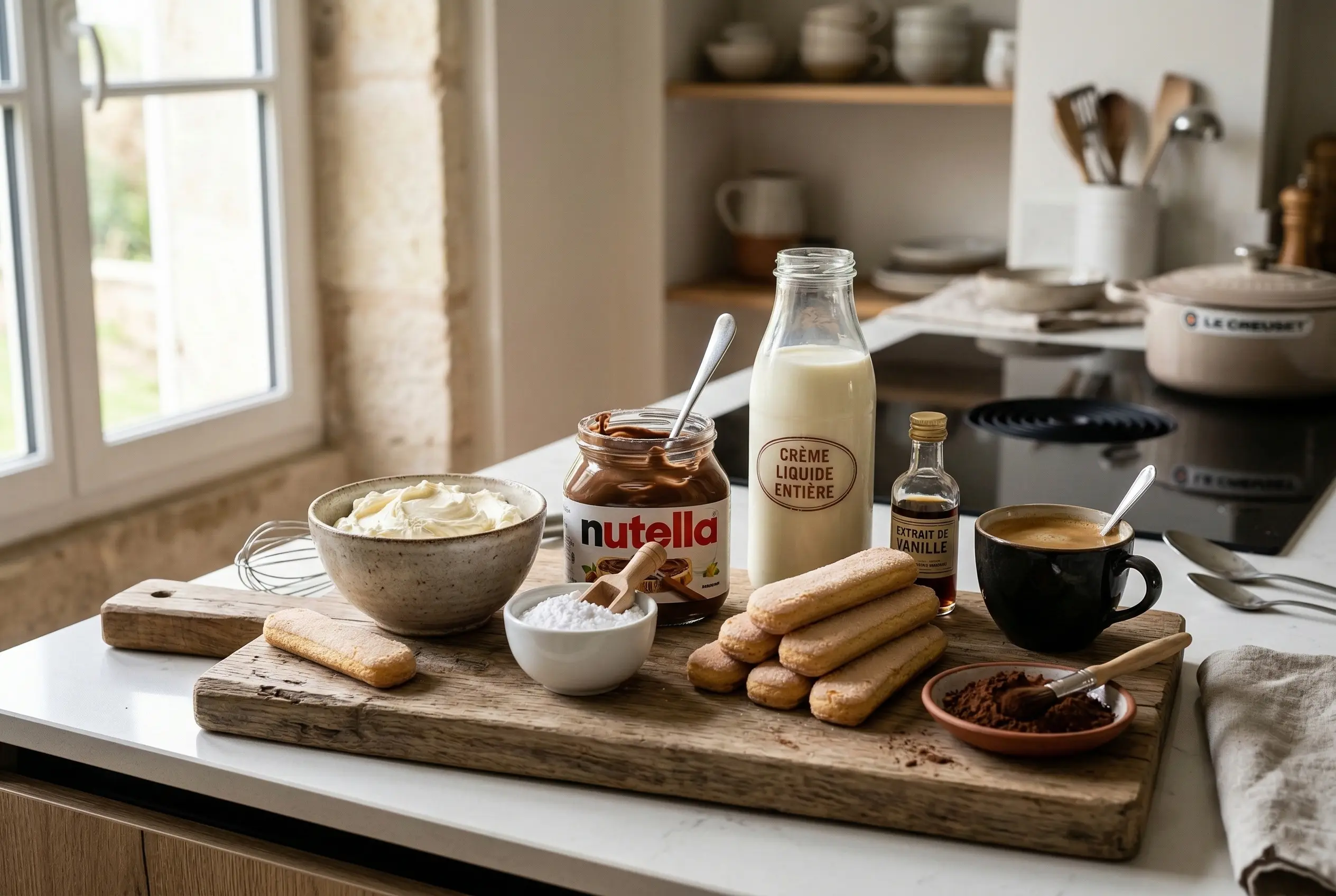 Ingrédients disposés sur une planche en bois : Mascarpone, Nutella, crème liquide, biscuits cuillère et café pour tiramisu sans œufs.